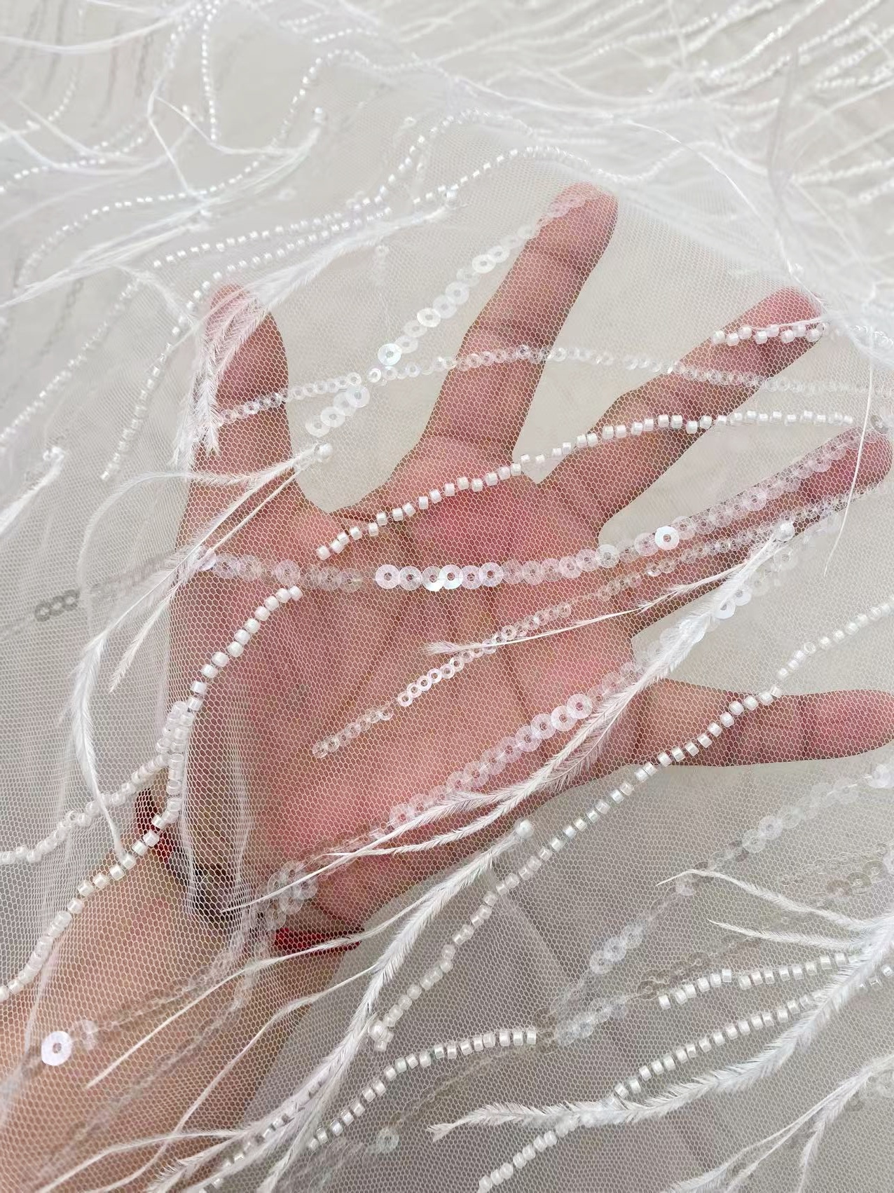 White Sequined tulle lace fabric with Ostrich Feather, 3D Beaded Feathers Embroider Lace DIY Wedding Bridal Full Dncing Dress Costumes