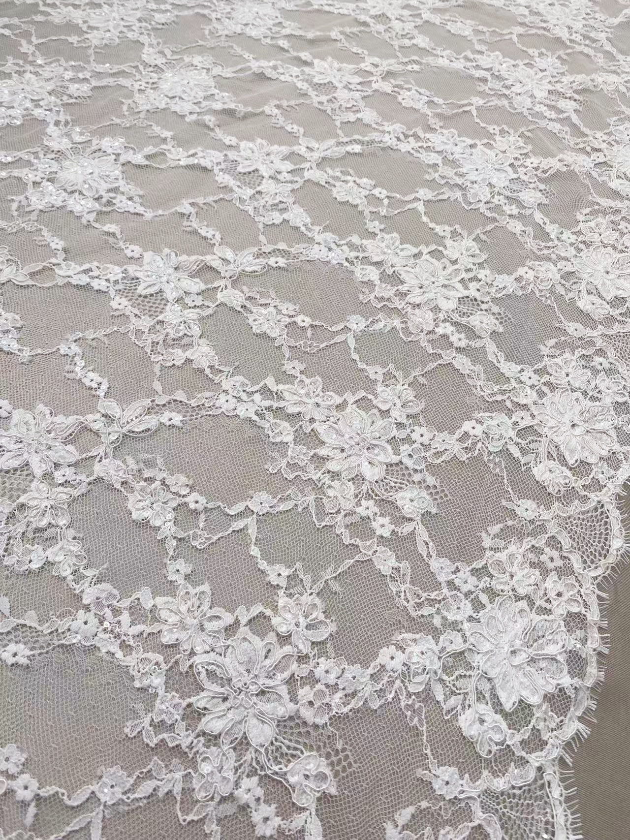 Ivory Corded Chantilly Flower Lace Fabric, French Eyelash Lace with Sequin for Wedding Dress, Bridal Gown, Sold as 3-meter piece