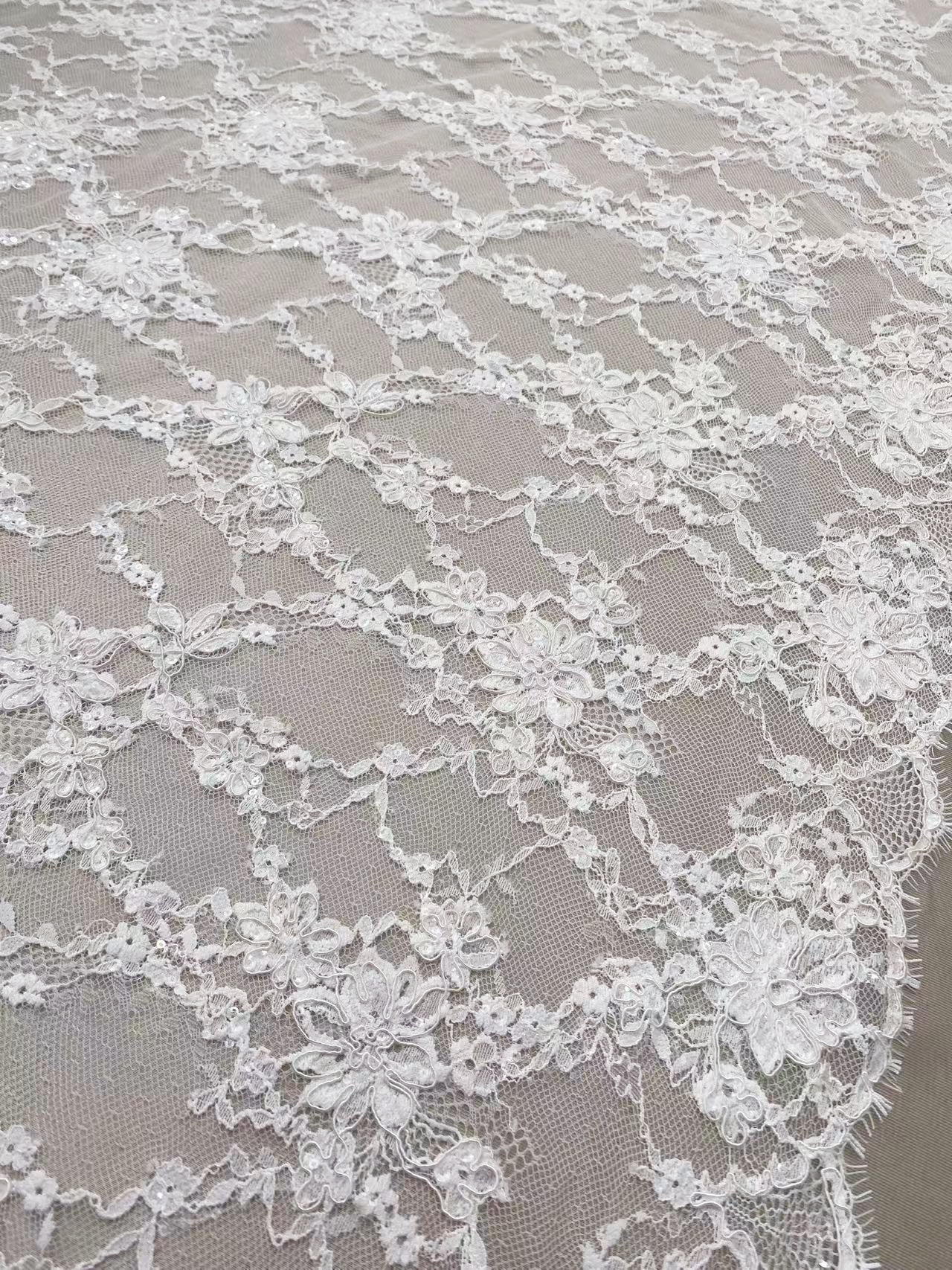 Ivory Corded Chantilly Flower Lace Fabric, French Eyelash Lace with Sequin for Wedding Dress, Bridal Gown, Sold as 3-meter piece