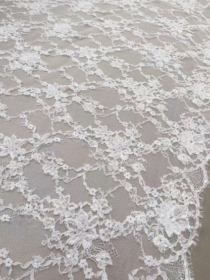 Ivory Corded Chantilly Flower Lace Fabric, French Eyelash Lace with Sequin for Wedding Dress, Bridal Gown, Sold as 3-meter piece