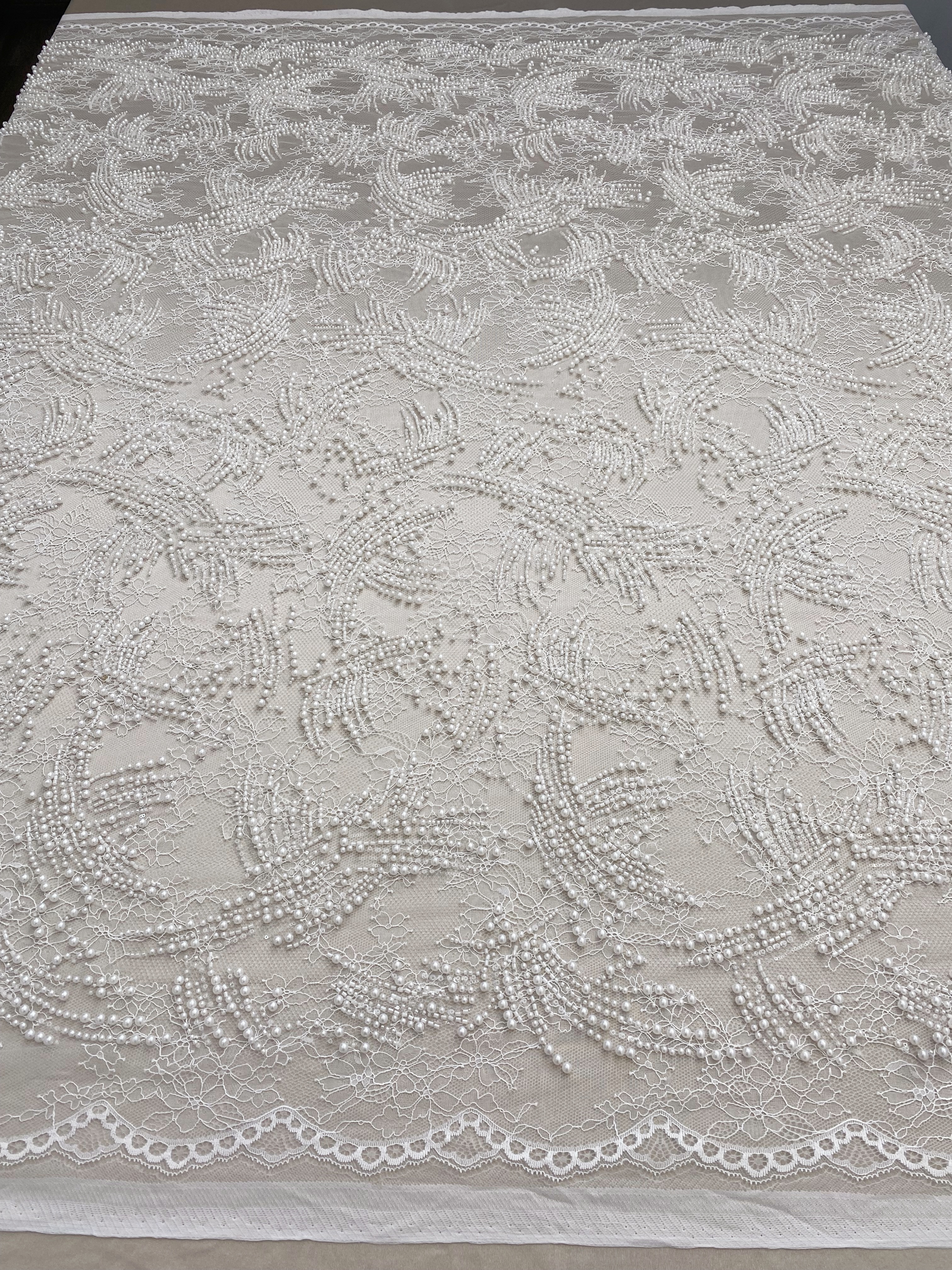 Heavy Beads Pearls Embroidery Lace Fabric by the Yard, Ivory Tulle with Pearls for Wedding Sewing for Wedding Dress Bridal Gown