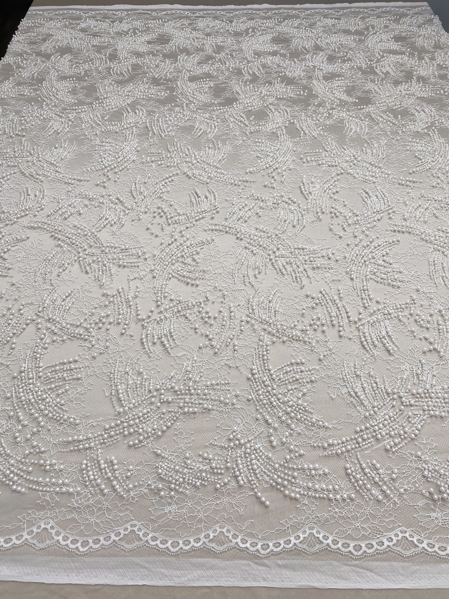 Heavy Beads Pearls Embroidery Lace Fabric by the Yard, Ivory Tulle with Pearls for Wedding Sewing for Wedding Dress Bridal Gown