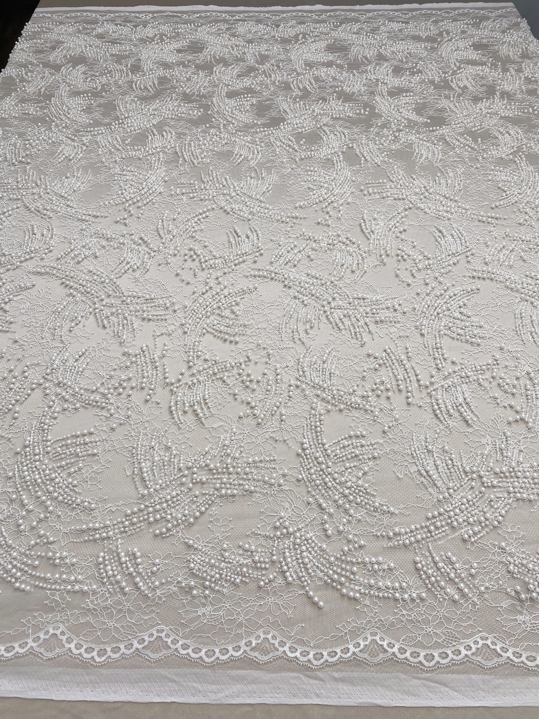 Heavy Beads Pearls Embroidery Lace Fabric by the Yard, Ivory Tulle with Pearls for Wedding Sewing for Wedding Dress Bridal Gown