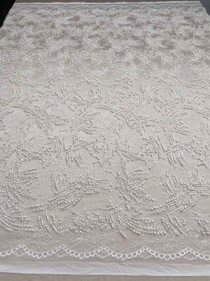 Heavy Beads Pearls Embroidery Lace Fabric by the Yard, Ivory Tulle with Pearls for Wedding Sewing for Wedding Dress Bridal Gown
