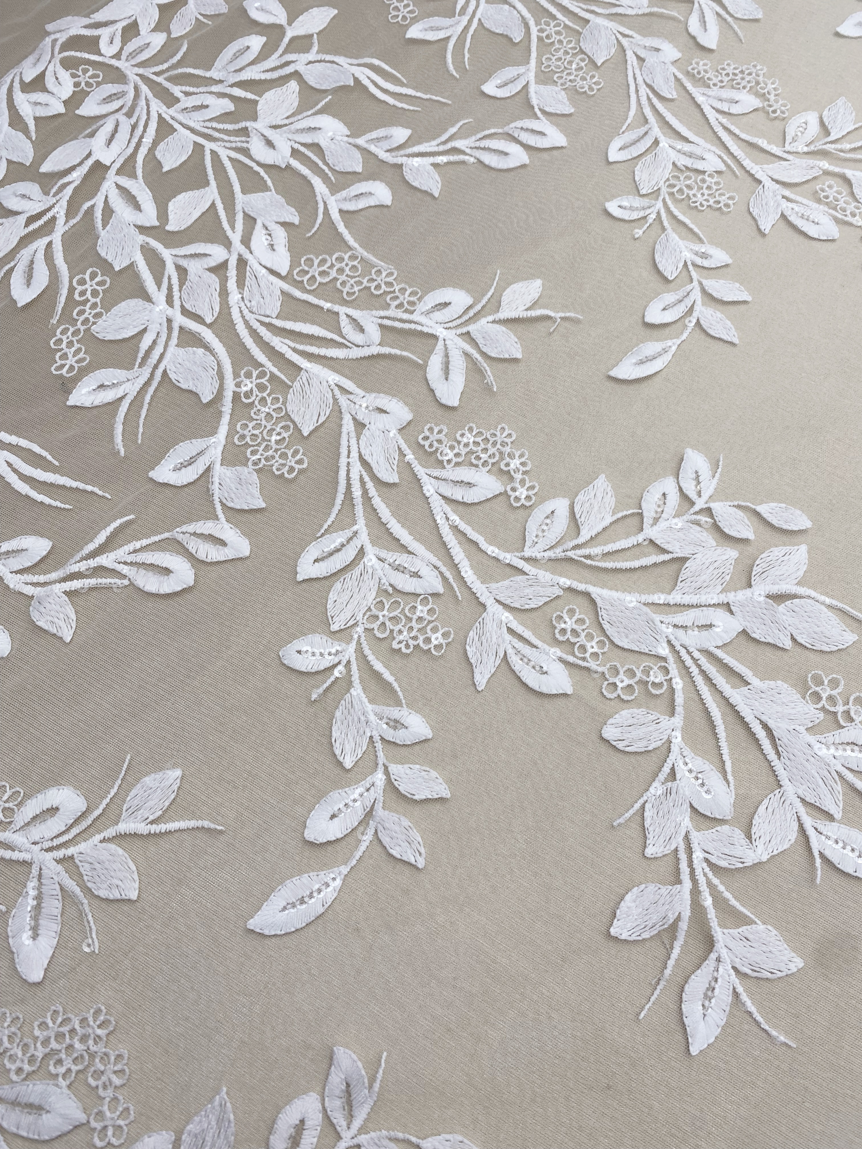 High Quality Wedding Dress Lace in White, Lace Fabric with Leaf Design, Embroidery Leaf Bridal Lace fabric, Soft Tulle Lace Fabric