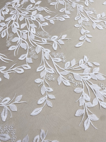 High Quality Wedding Dress Lace in White, Lace Fabric with Leaf Design, Embroidery Leaf Bridal Lace fabric, Soft Tulle Lace Fabric