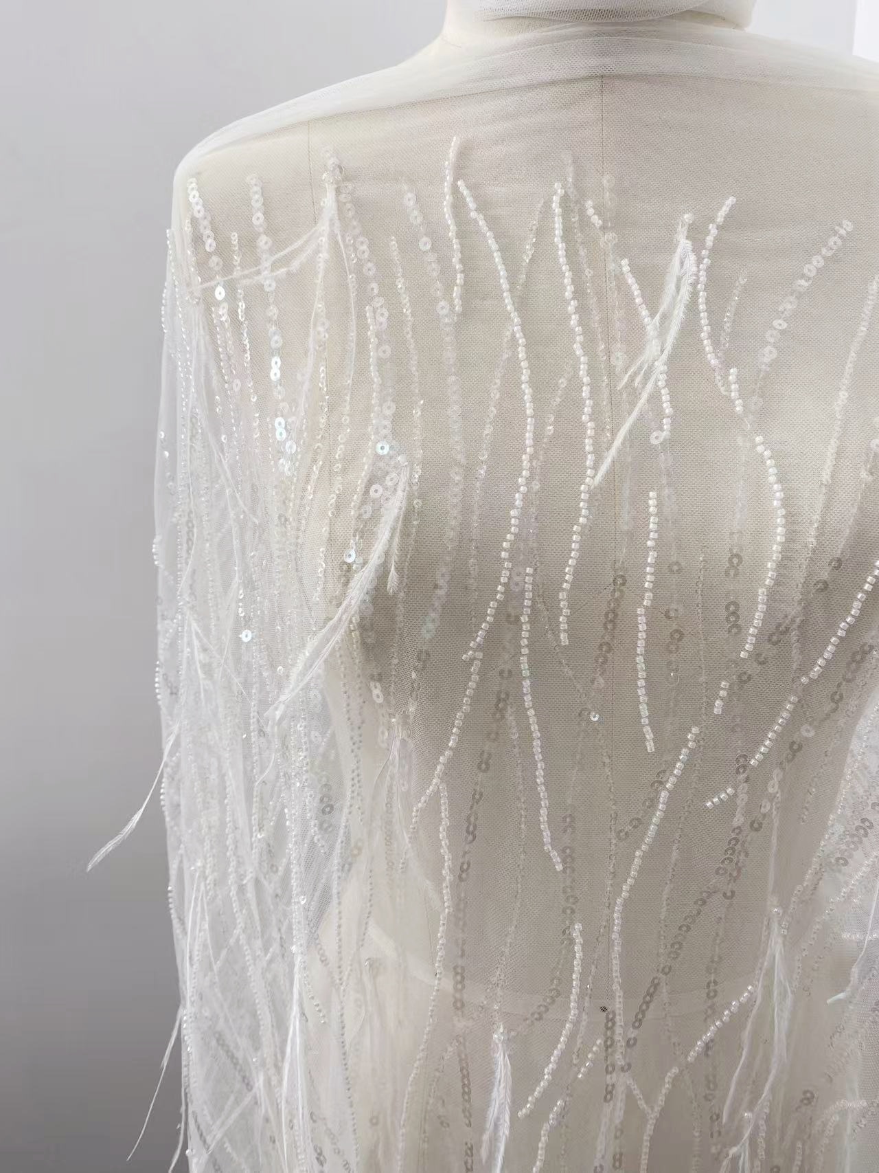 White Sequined tulle lace fabric with Ostrich Feather, 3D Beaded Feathers Embroider Lace DIY Wedding Bridal Full Dncing Dress Costumes