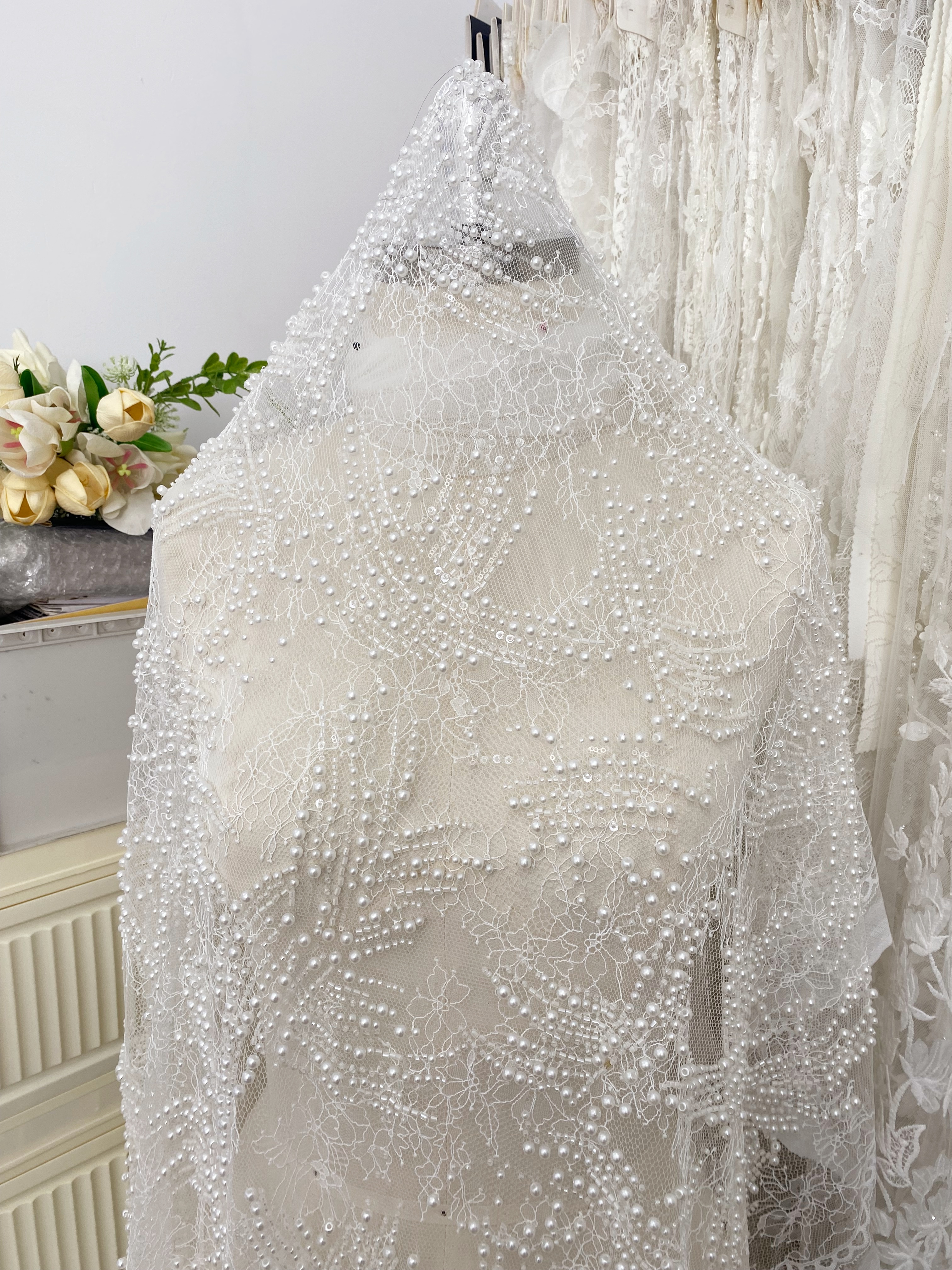 Heavy Beads Pearls Embroidery Lace Fabric by the Yard, Ivory Tulle with Pearls for Wedding Sewing for Wedding Dress Bridal Gown