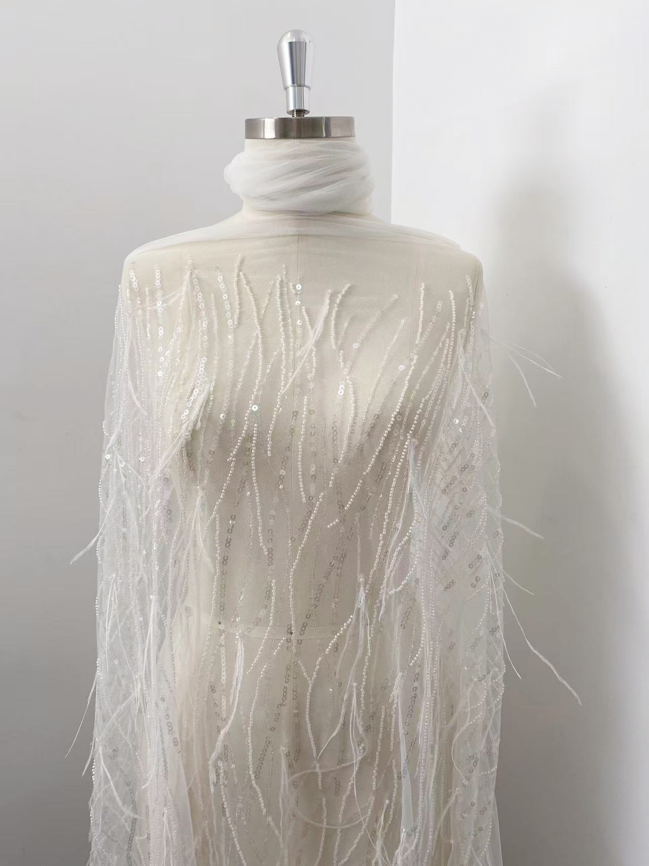 White Sequined tulle lace fabric with Ostrich Feather, 3D Beaded Feathers Embroider Lace DIY Wedding Bridal Full Dncing Dress Costumes