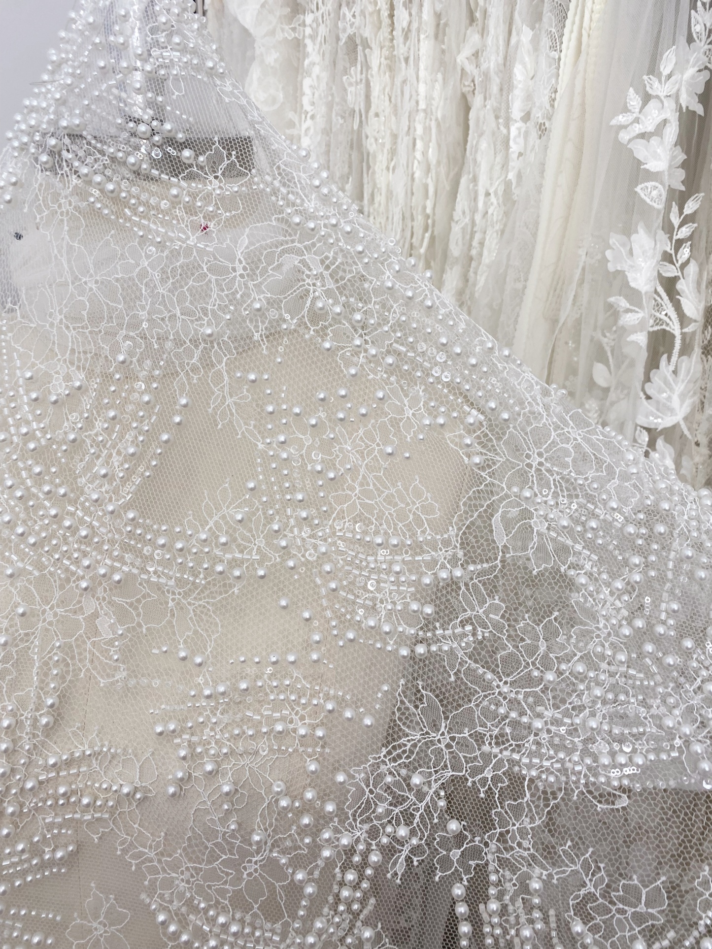 Heavy Beads Pearls Embroidery Lace Fabric by the Yard, Ivory Tulle with Pearls for Wedding Sewing for Wedding Dress Bridal Gown