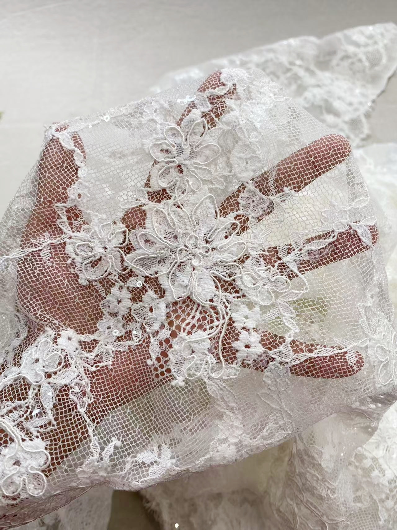 Ivory Corded Chantilly Flower Lace Fabric, French Eyelash Lace with Sequin for Wedding Dress, Bridal Gown, Sold as 3-meter piece