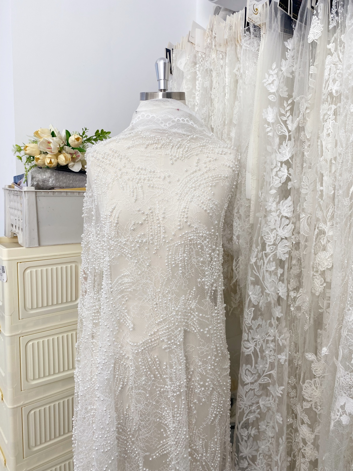 Heavy Beads Pearls Embroidery Lace Fabric by the Yard, Ivory Tulle with Pearls for Wedding Sewing for Wedding Dress Bridal Gown
