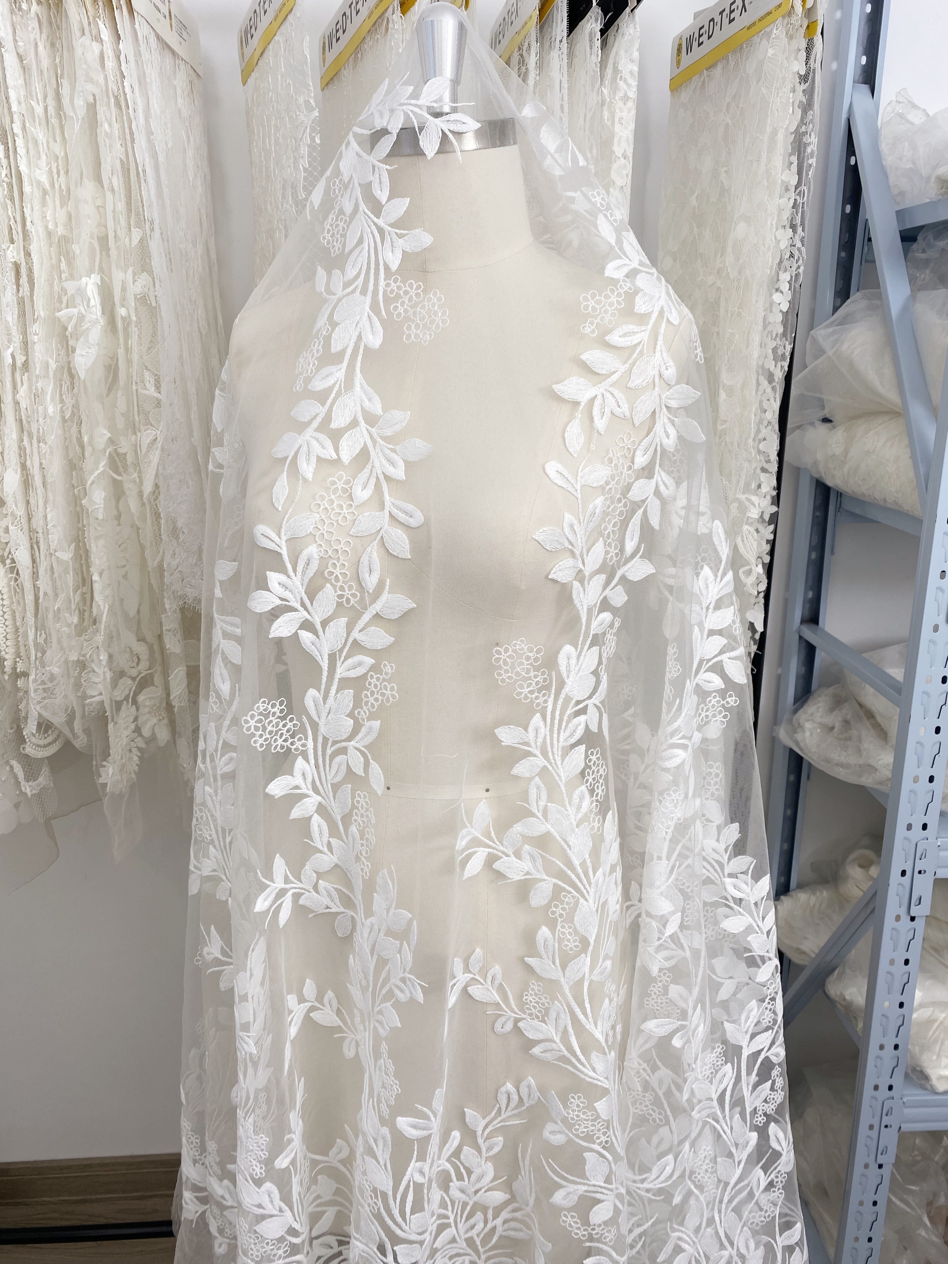 High Quality Wedding Dress Lace in White, Lace Fabric with Leaf Design, Embroidery Leaf Bridal Lace fabric, Soft Tulle Lace Fabric
