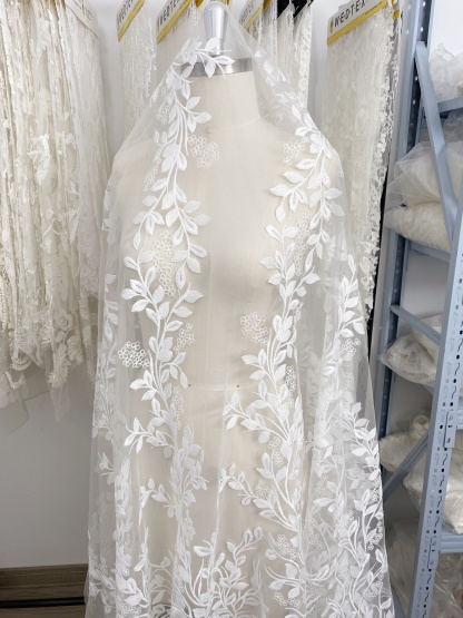 High Quality Wedding Dress Lace in White, Lace Fabric with Leaf Design, Embroidery Leaf Bridal Lace fabric, Soft Tulle Lace Fabric