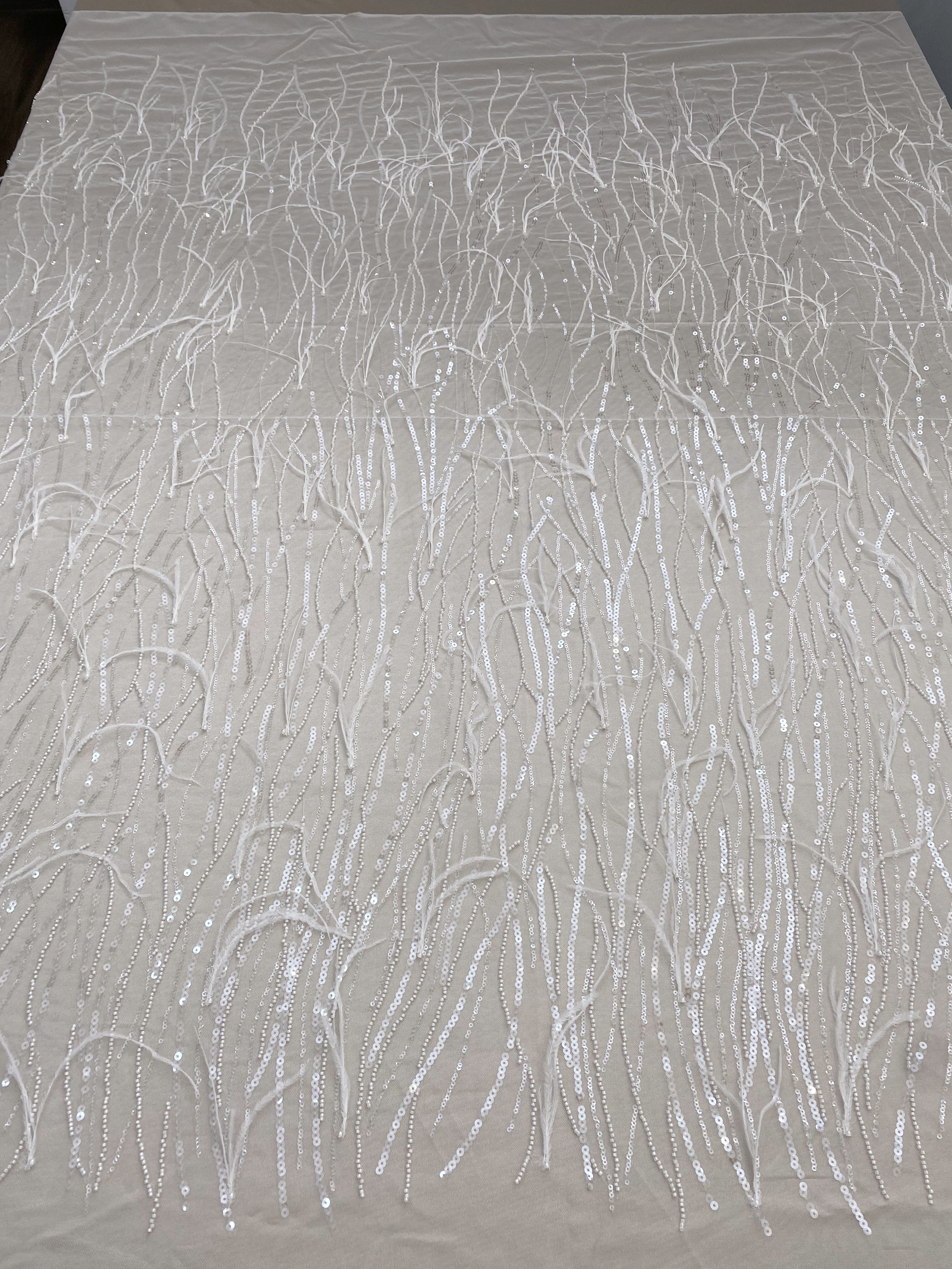 White Sequined tulle lace fabric with Ostrich Feather, 3D Beaded Feathers Embroider Lace DIY Wedding Bridal Full Dncing Dress Costumes