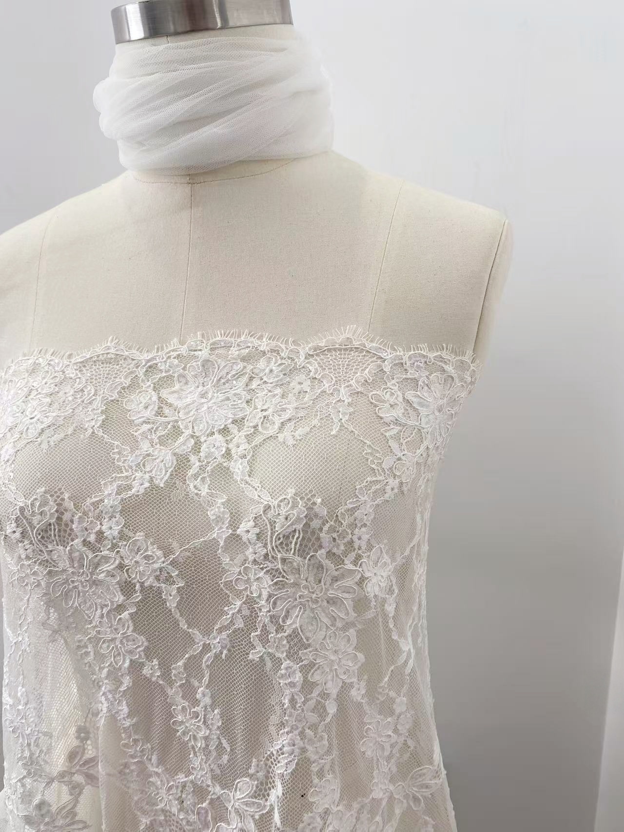 Ivory Corded Chantilly Flower Lace Fabric, French Eyelash Lace with Sequin for Wedding Dress, Bridal Gown, Sold as 3-meter piece