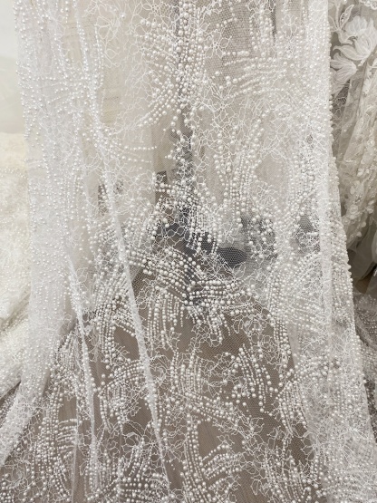 Heavy Beads Pearls Embroidery Lace Fabric by the Yard, Ivory Tulle with Pearls for Wedding Sewing for Wedding Dress Bridal Gown