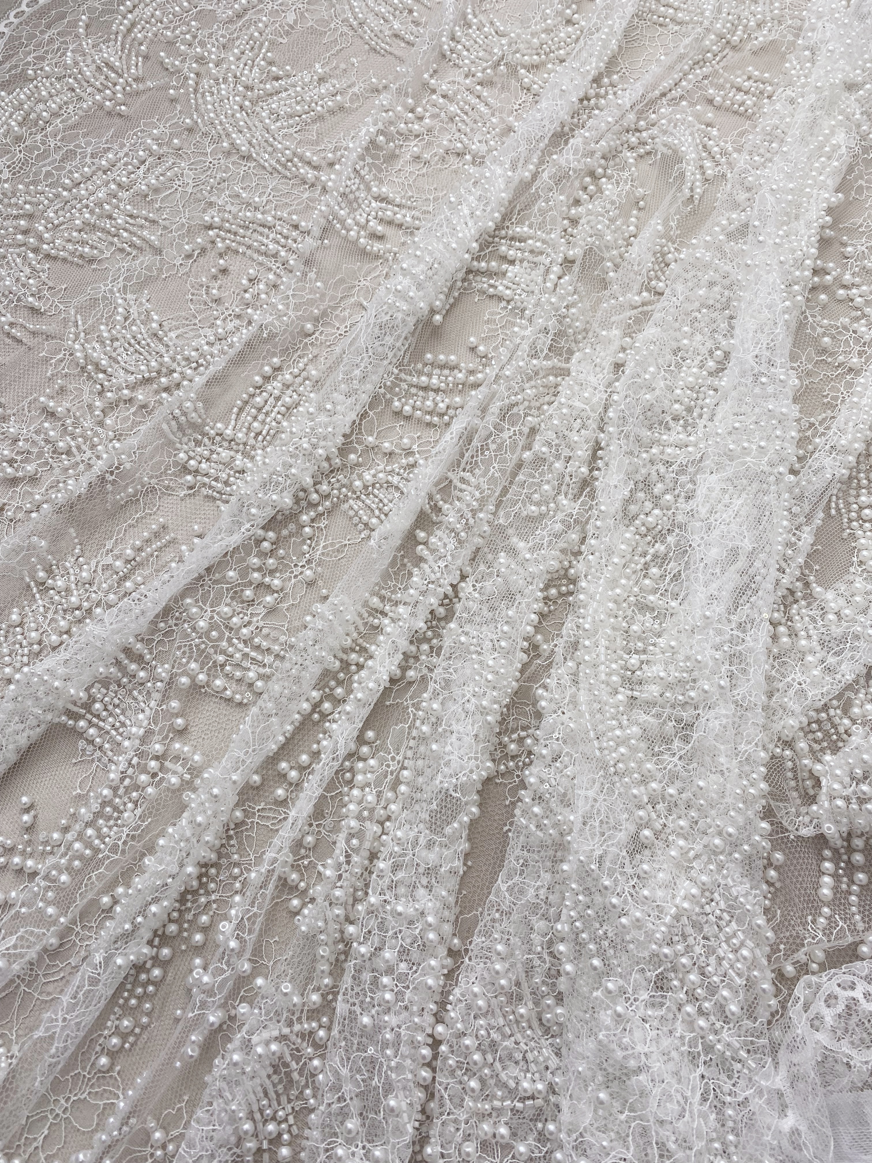 Heavy Beads Pearls Embroidery Lace Fabric by the Yard, Ivory Tulle with Pearls for Wedding Sewing for Wedding Dress Bridal Gown