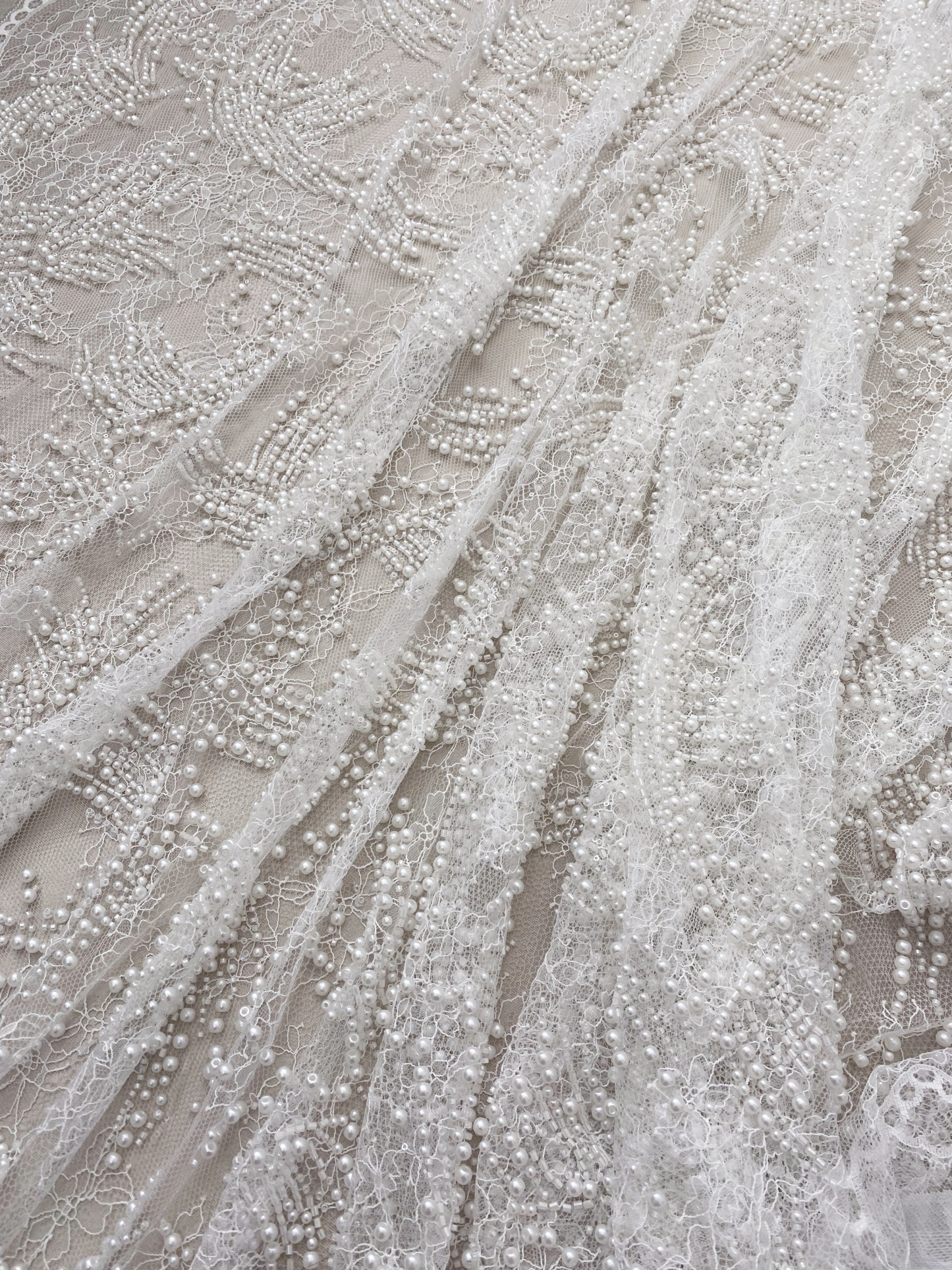 Heavy Beads Pearls Embroidery Lace Fabric by the Yard, Ivory Tulle with Pearls for Wedding Sewing for Wedding Dress Bridal Gown