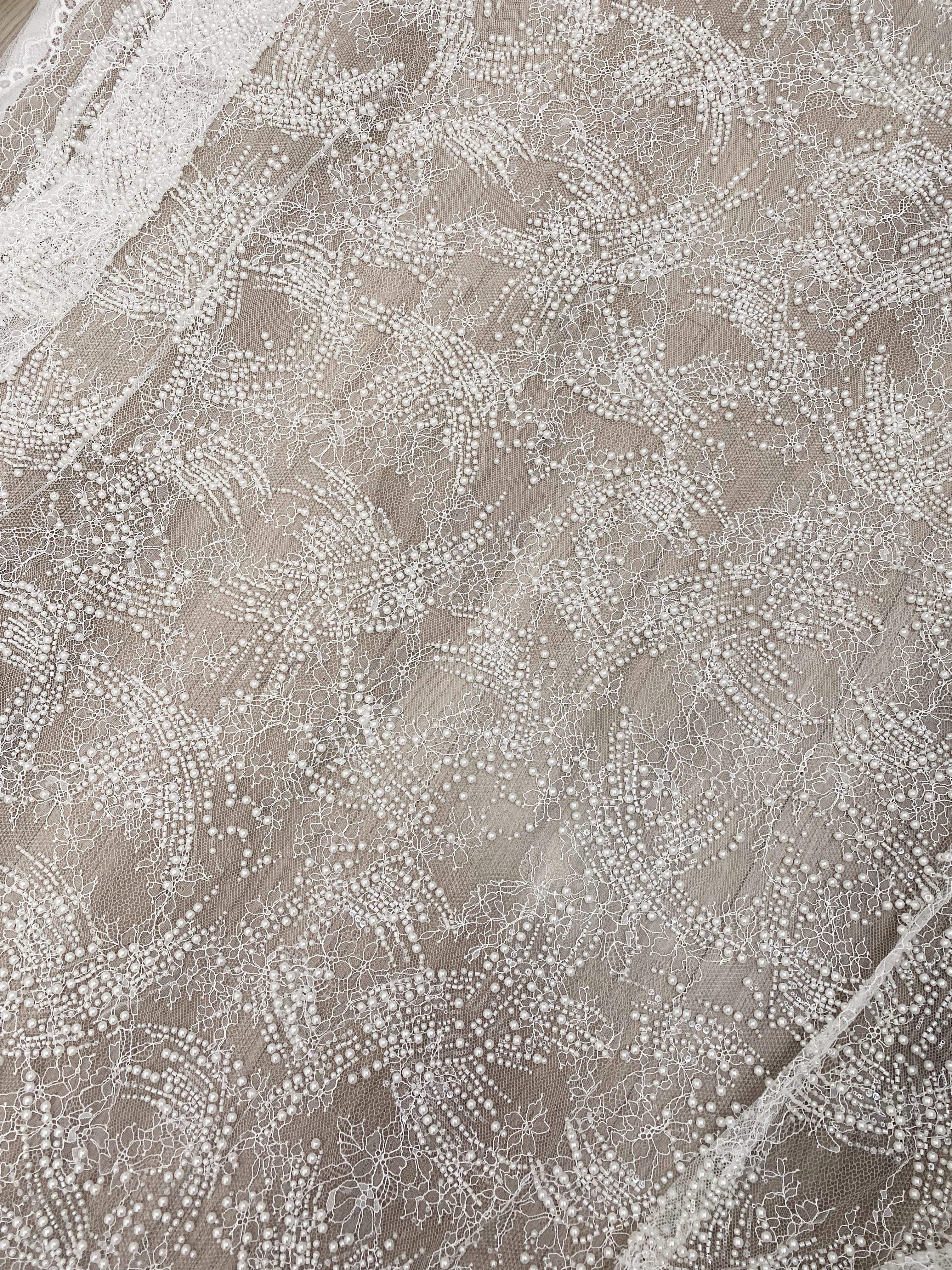 Heavy Beads Pearls Embroidery Lace Fabric by the Yard, Ivory Tulle with Pearls for Wedding Sewing for Wedding Dress Bridal Gown