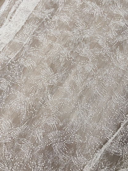 Heavy Beads Pearls Embroidery Lace Fabric by the Yard, Ivory Tulle with Pearls for Wedding Sewing for Wedding Dress Bridal Gown