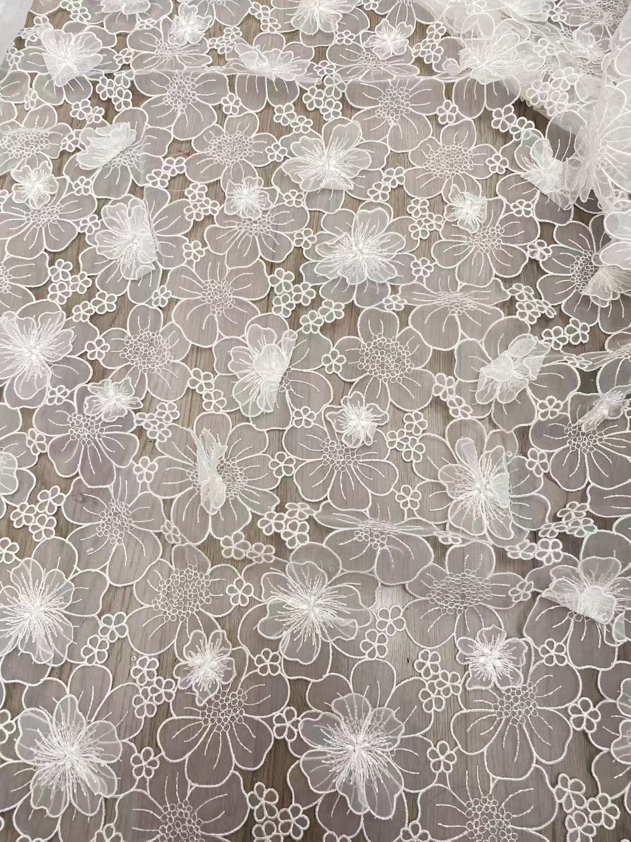 Off White Guipure Lace Fabric 3D Flower Embroidery Organza Trimmings Materials DIY Costume Bridal Wedding Evening Dress Craft