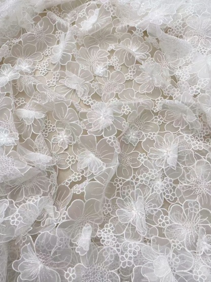 Off White Guipure Lace Fabric 3D Flower Embroidery Organza Trimmings Materials DIY Costume Bridal Wedding Evening Dress Craft