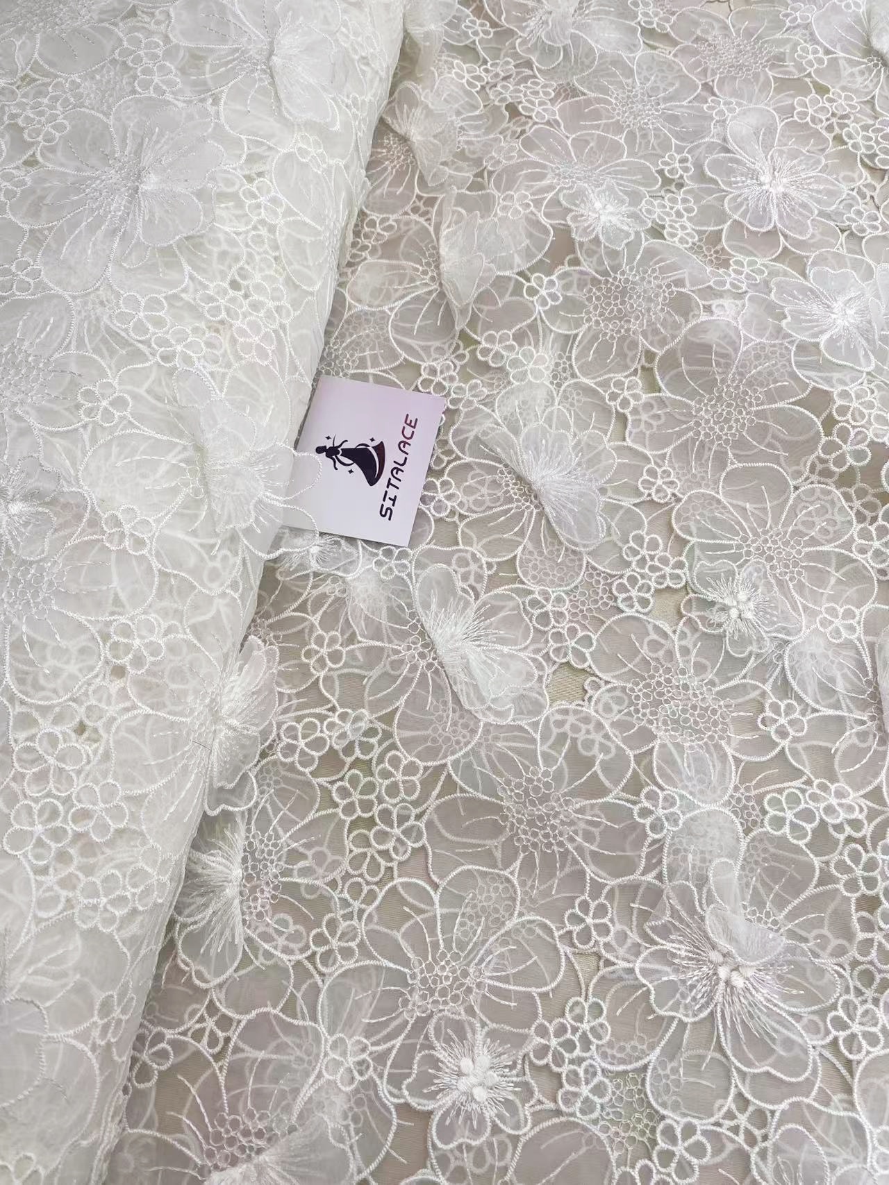 Off White Guipure Lace Fabric 3D Flower Embroidery Organza Trimmings Materials DIY Costume Bridal Wedding Evening Dress Craft