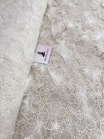 Off White Guipure Lace Fabric 3D Flower Embroidery Organza Trimmings Materials DIY Costume Bridal Wedding Evening Dress Craft
