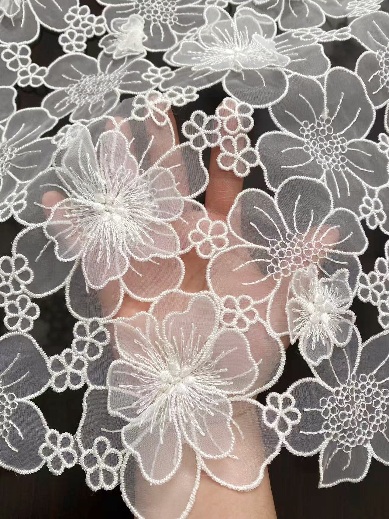 Off White Guipure Lace Fabric 3D Flower Embroidery Organza Trimmings Materials DIY Costume Bridal Wedding Evening Dress Craft