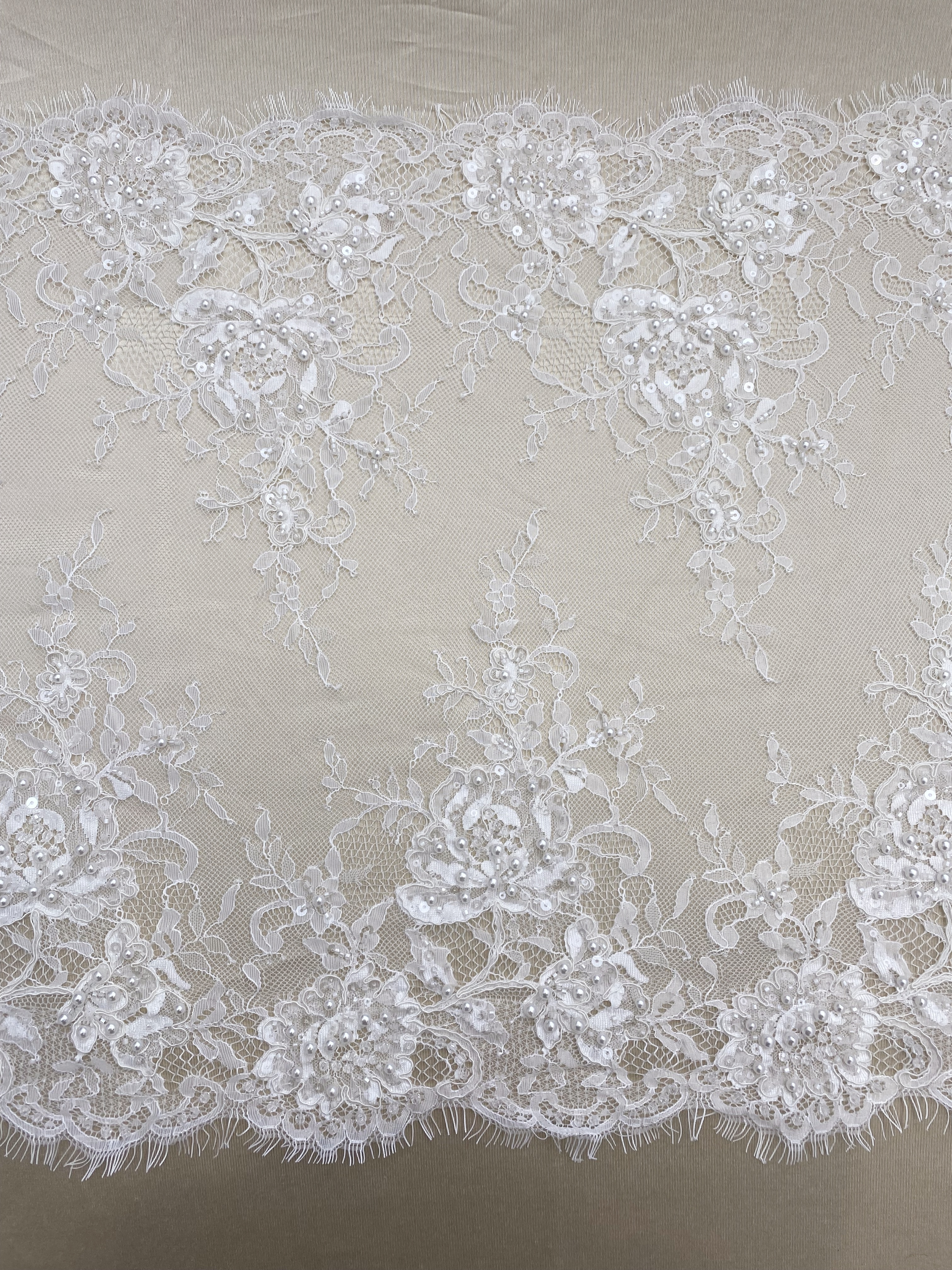 French Chantilly Lace Double Side Scalloped Beaded Lace Trim with Eyelash，Veil Lace Fabric, Bridal Wedding Accessories，Sold as 3-Meter Piece