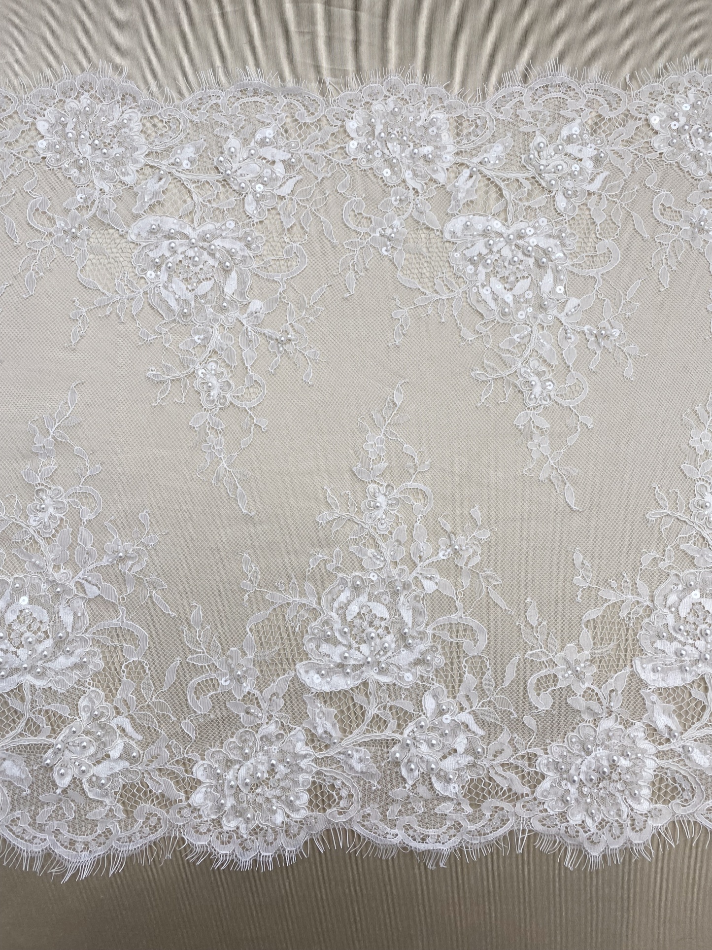 French Chantilly Lace Double Side Scalloped Beaded Lace Trim with Eyelash，Veil Lace Fabric, Bridal Wedding Accessories，Sold as 3-Meter Piece