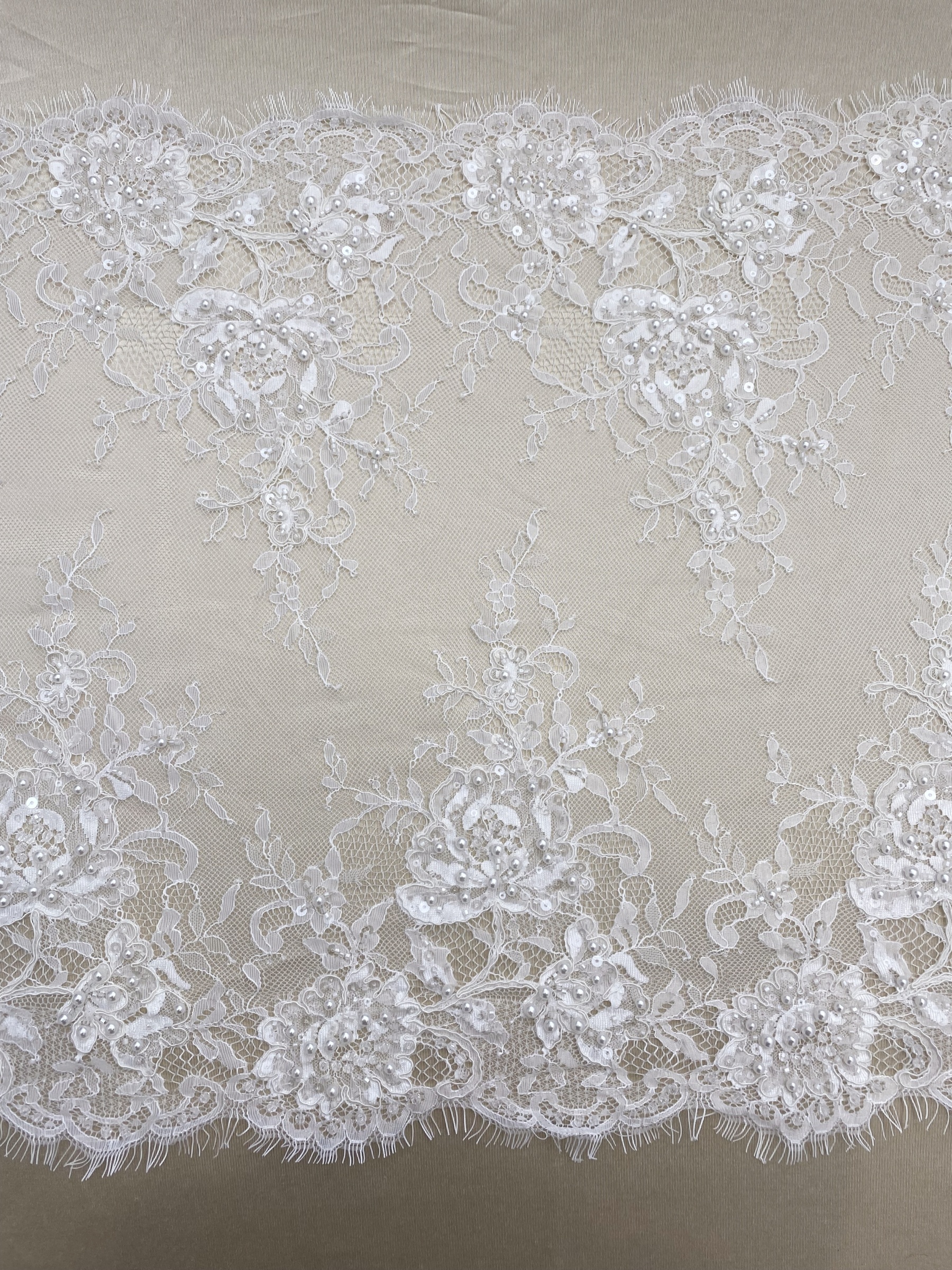 French Chantilly Lace Double Side Scalloped Beaded Lace Trim with Eyelash，Veil Lace Fabric, Bridal Wedding Accessories，Sold as 3-Meter Piece