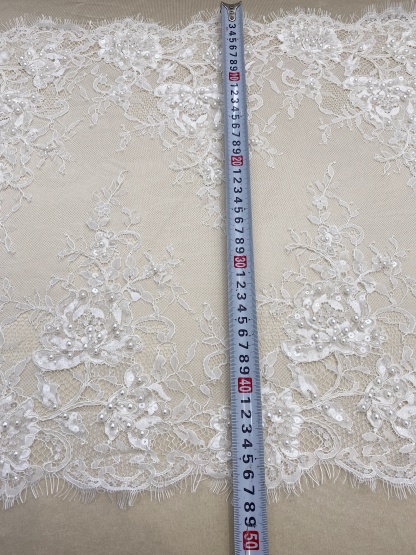 French Chantilly Lace Double Side Scalloped Beaded Lace Trim with Eyelash，Veil Lace Fabric, Bridal Wedding Accessories，Sold as 3-Meter Piece