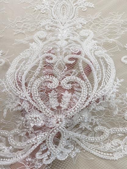 Ivory Beaded Tulle Fabric Bridal Lace with Heavy Embroidery,Hand Beaded Floral Sequin Lace for Wedding Dresses and Veils by the Yard