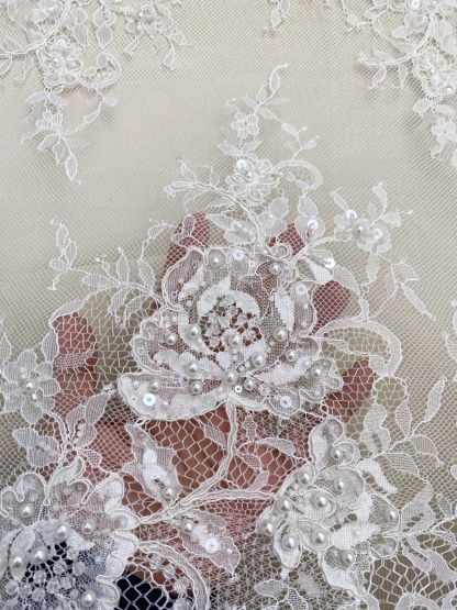French Chantilly Lace Double Side Scalloped Beaded Lace Trim with Eyelash，Veil Lace Fabric, Bridal Wedding Accessories，Sold as 3-Meter Piece