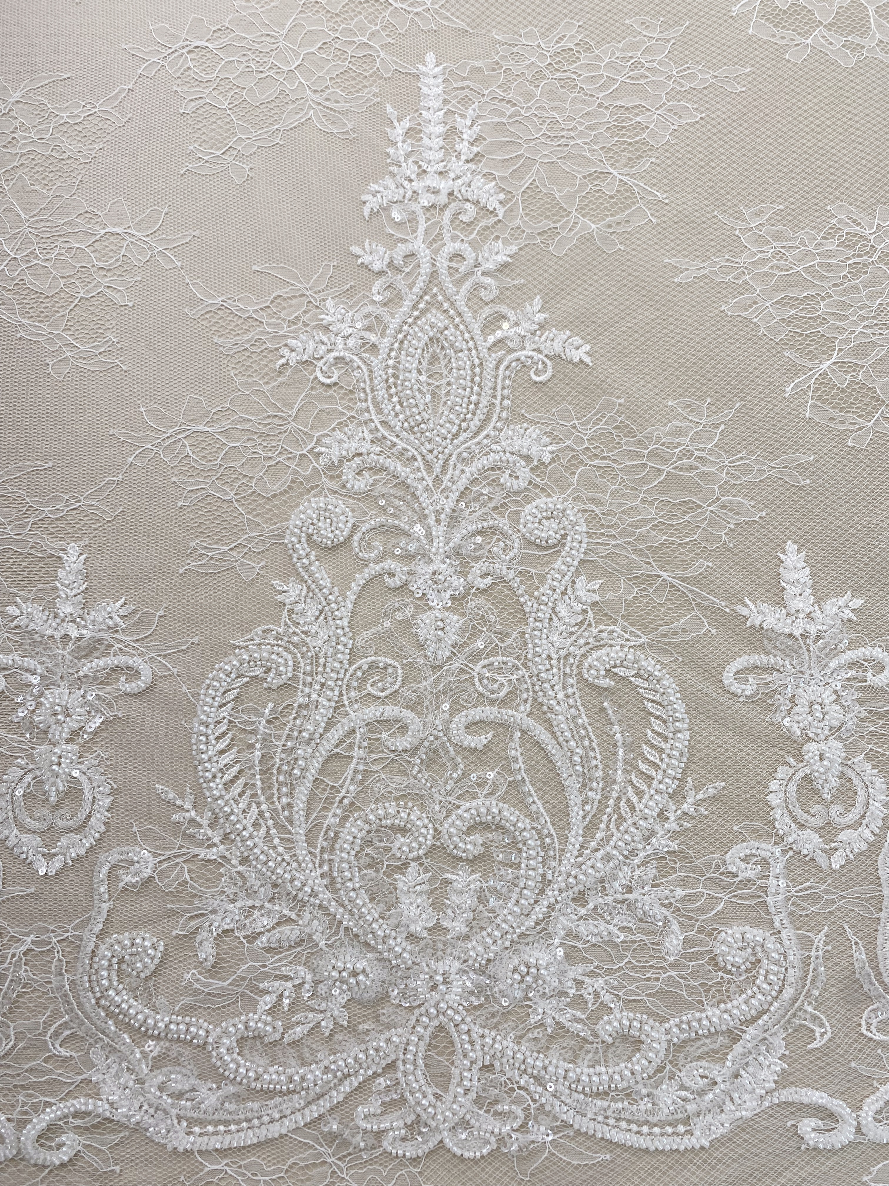 Ivory Beaded Tulle Fabric Bridal Lace with Heavy Embroidery,Hand Beaded Floral Sequin Lace for Wedding Dresses and Veils by the Yard