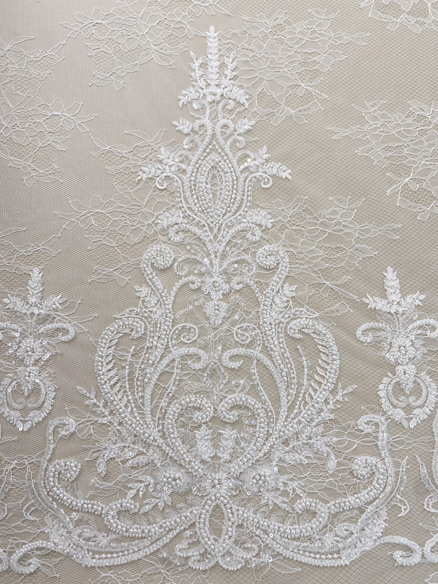Ivory Beaded Tulle Fabric Bridal Lace with Heavy Embroidery,Hand Beaded Floral Sequin Lace for Wedding Dresses and Veils by the Yard