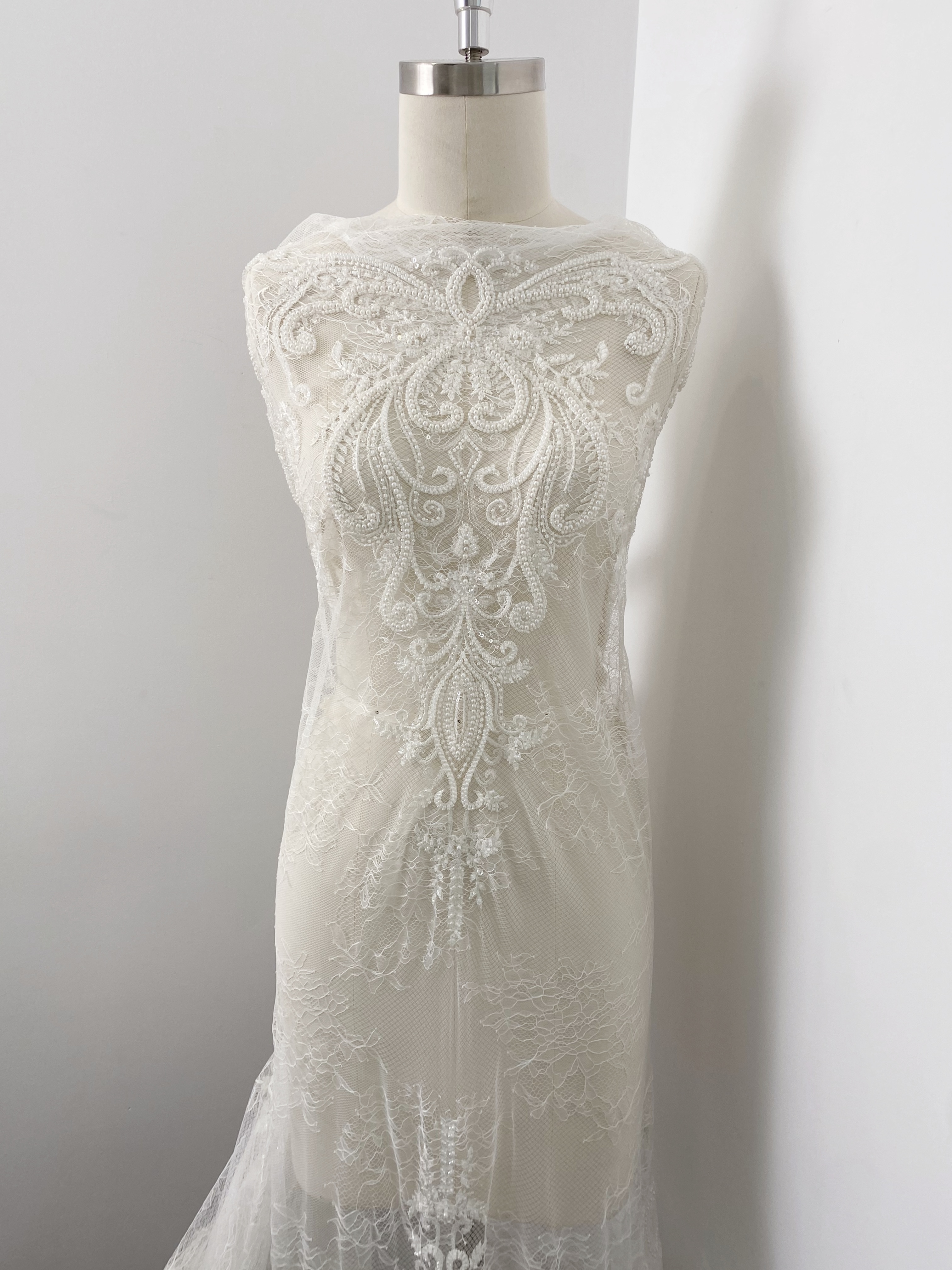 Ivory Beaded Tulle Fabric Bridal Lace with Heavy Embroidery,Hand Beaded Floral Sequin Lace for Wedding Dresses and Veils by the Yard