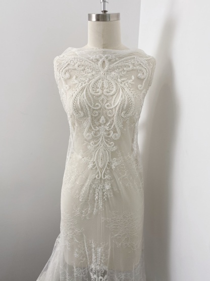 Ivory Beaded Tulle Fabric Bridal Lace with Heavy Embroidery,Hand Beaded Floral Sequin Lace for Wedding Dresses and Veils by the Yard
