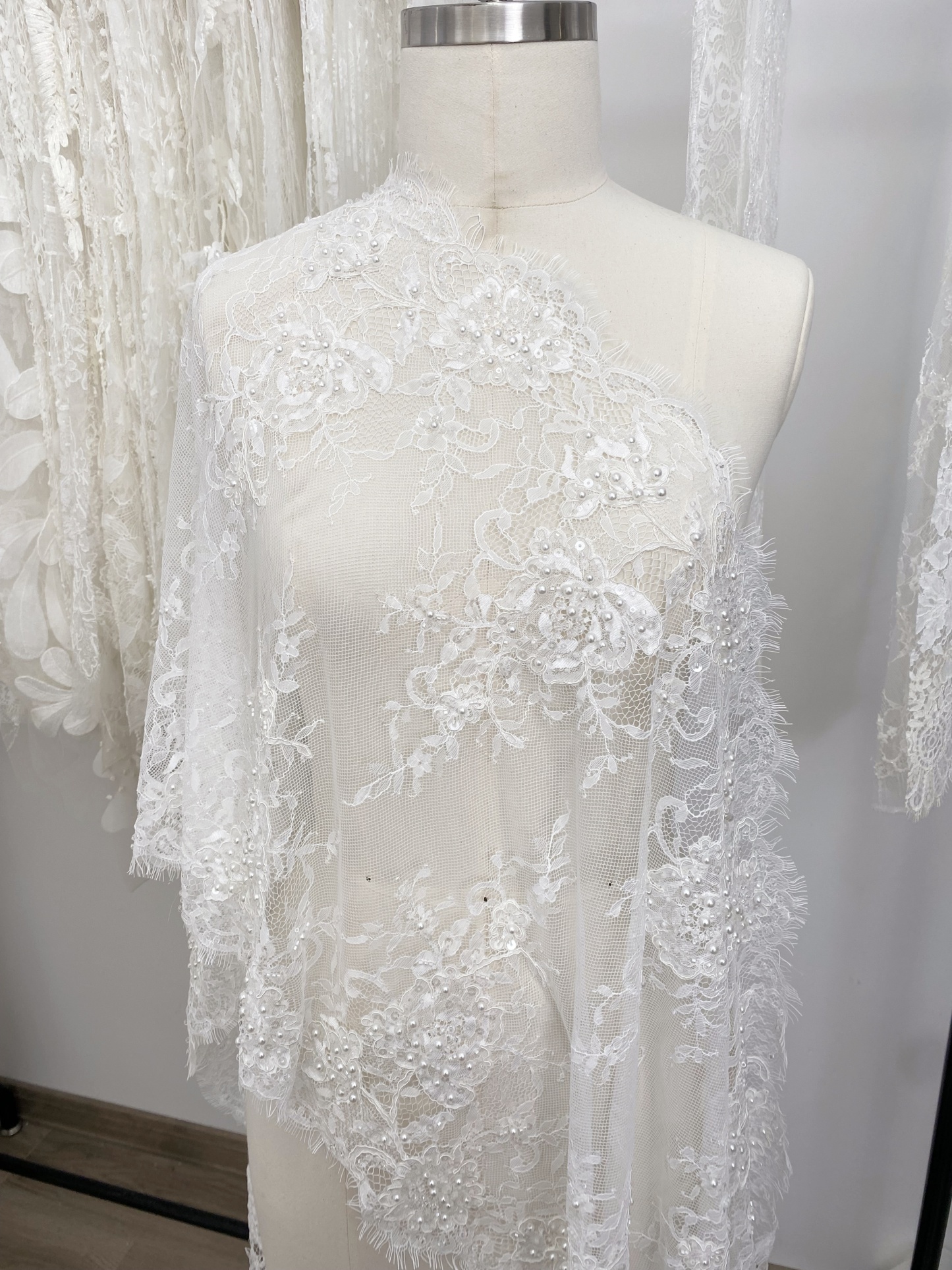 French Chantilly Lace Double Side Scalloped Beaded Lace Trim with Eyelash，Veil Lace Fabric, Bridal Wedding Accessories，Sold as 3-Meter Piece