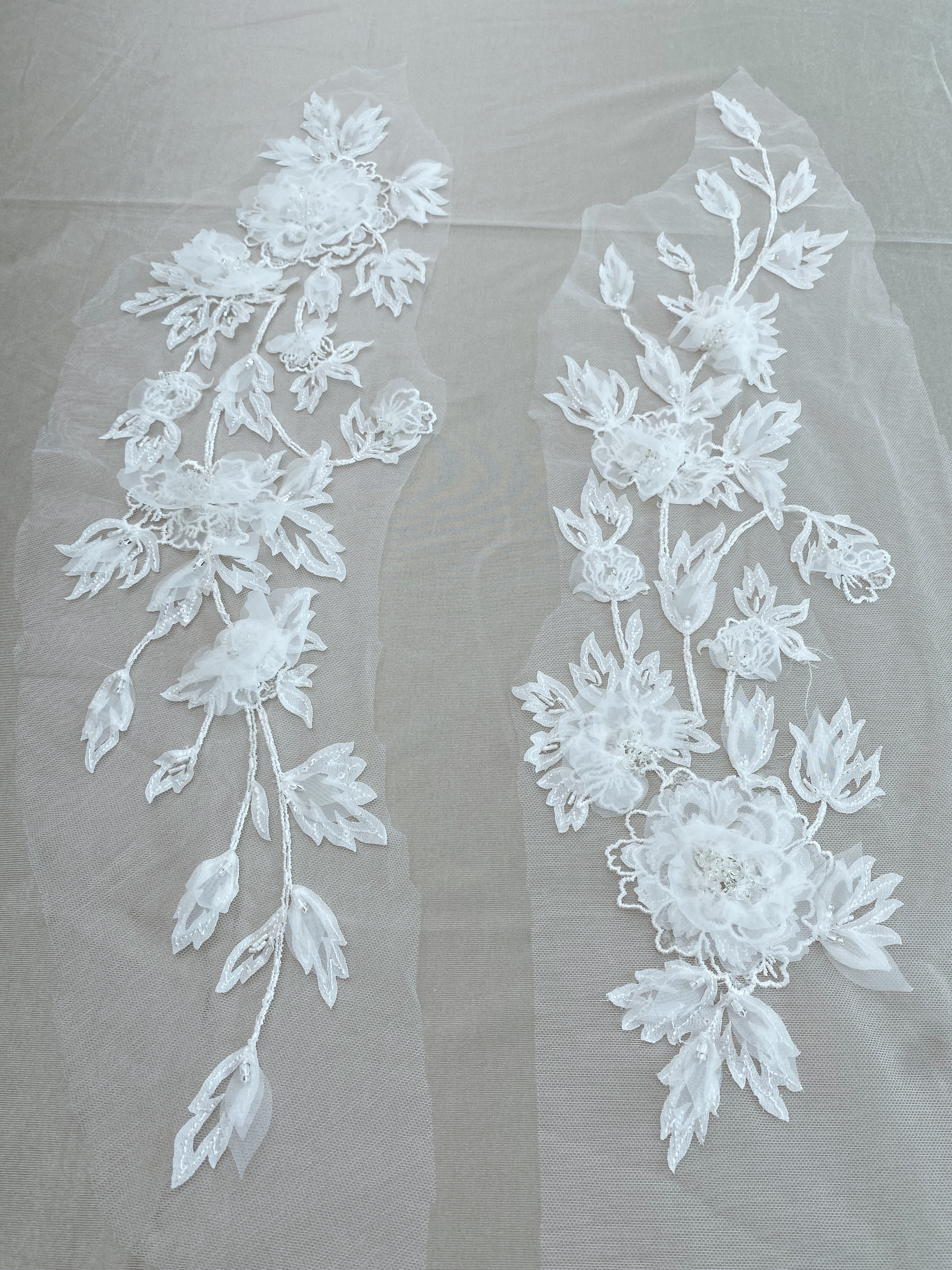 Ivory 3D Hand Beaded Bridal Lace Applique for Wedding Gown Bodice, Lace Veil, Couture Design, Floral Lace Trim, Wedding Dress Decor