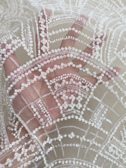 Heavy Crystal Bead Lace Fabric, 2 Styles Beads & Transparent Sequin Bead Lace, Bridal Wedding Prom Dress, Geometric Embroidery Tulle