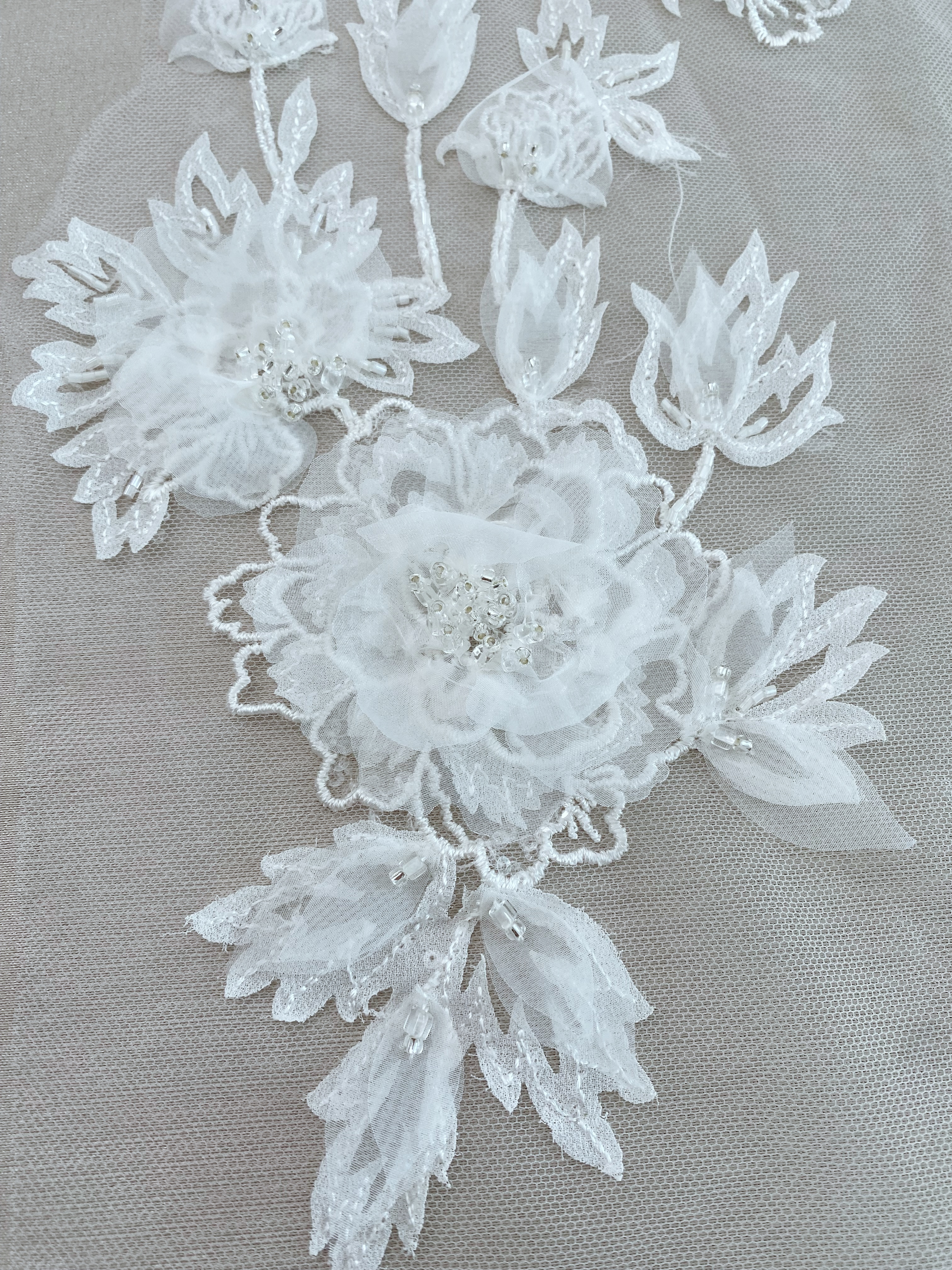 Ivory 3D Hand Beaded Bridal Lace Applique for Wedding Gown Bodice, Lace Veil, Couture Design, Floral Lace Trim, Wedding Dress Decor