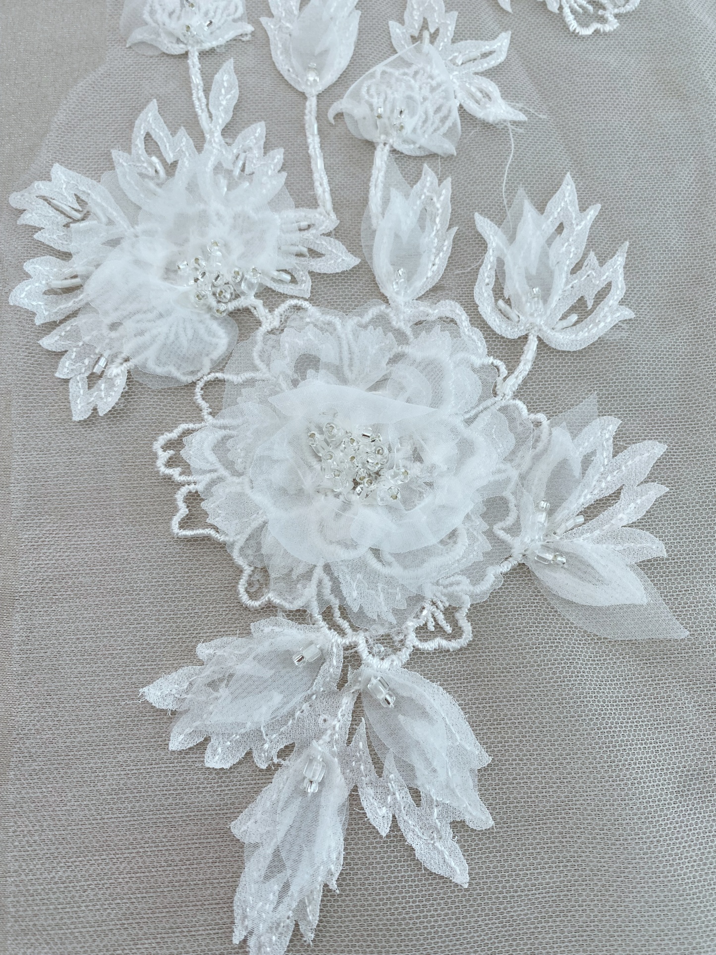 Ivory 3D Hand Beaded Bridal Lace Applique for Wedding Gown Bodice, Lace Veil, Couture Design, Floral Lace Trim, Wedding Dress Decor