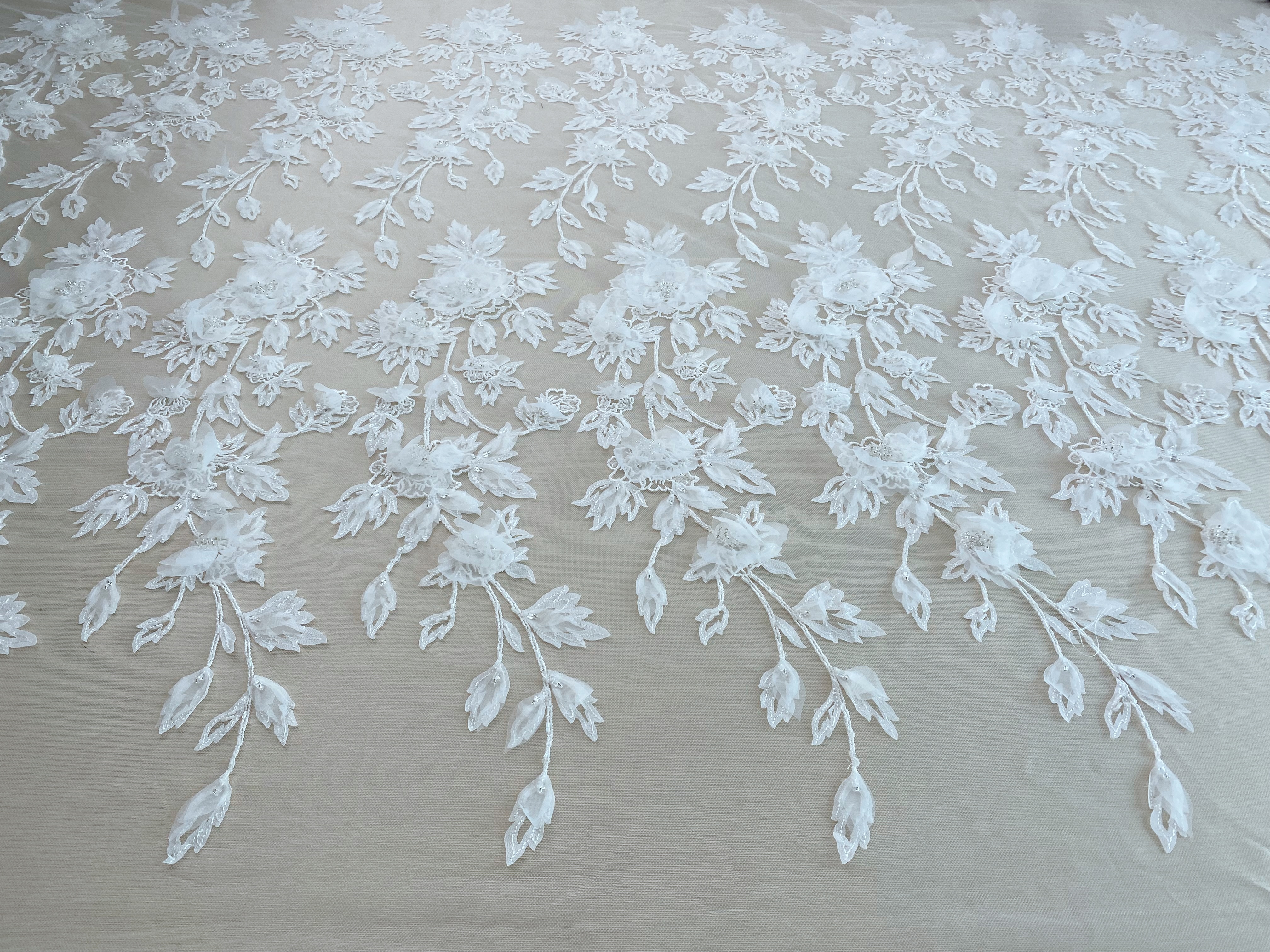 Ivory 3D Hand Beaded Bridal Lace Applique for Wedding Gown Bodice, Lace Veil, Couture Design, Floral Lace Trim, Wedding Dress Decor