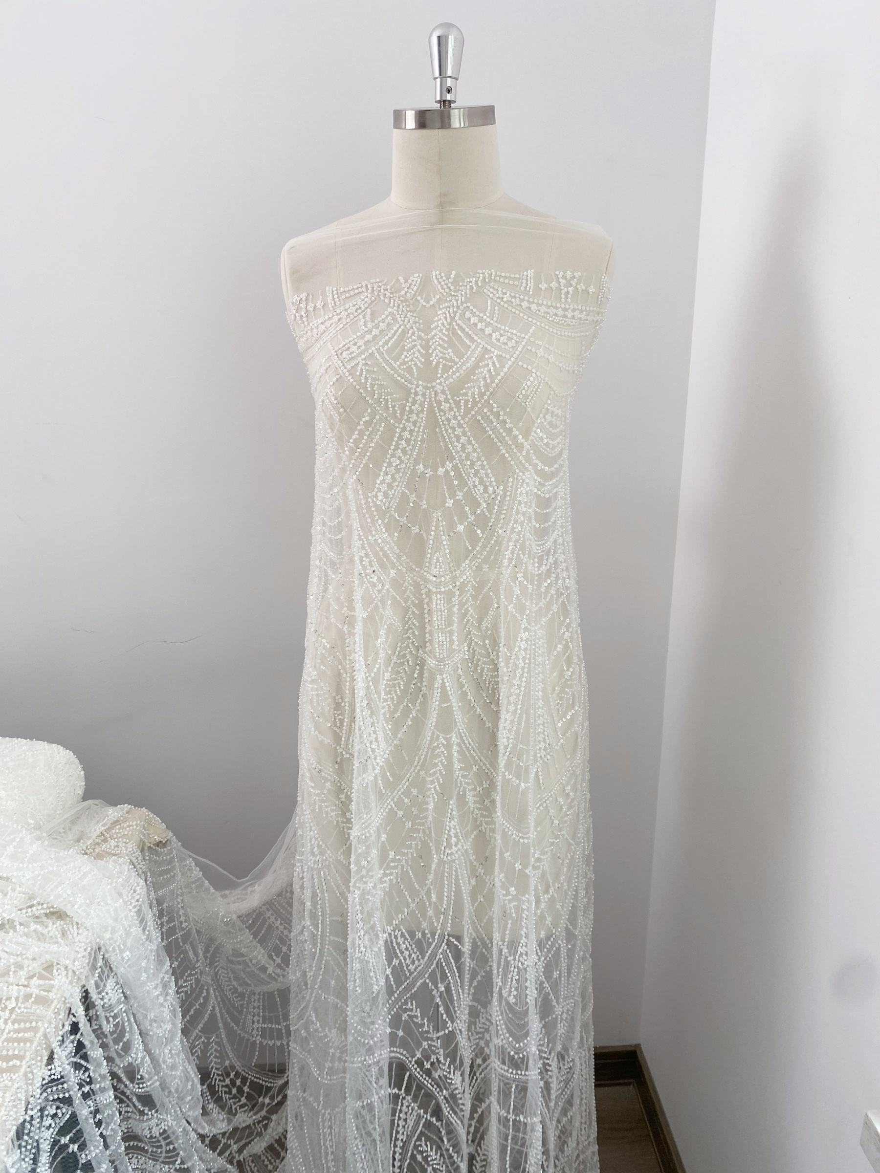 Heavy Crystal Bead Lace Fabric, 2 Styles Beads & Transparent Sequin Bead Lace, Bridal Wedding Prom Dress, Geometric Embroidery Tulle