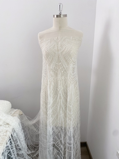 Heavy Crystal Bead Lace Fabric, 2 Styles Beads & Transparent Sequin Bead Lace, Bridal Wedding Prom Dress, Geometric Embroidery Tulle