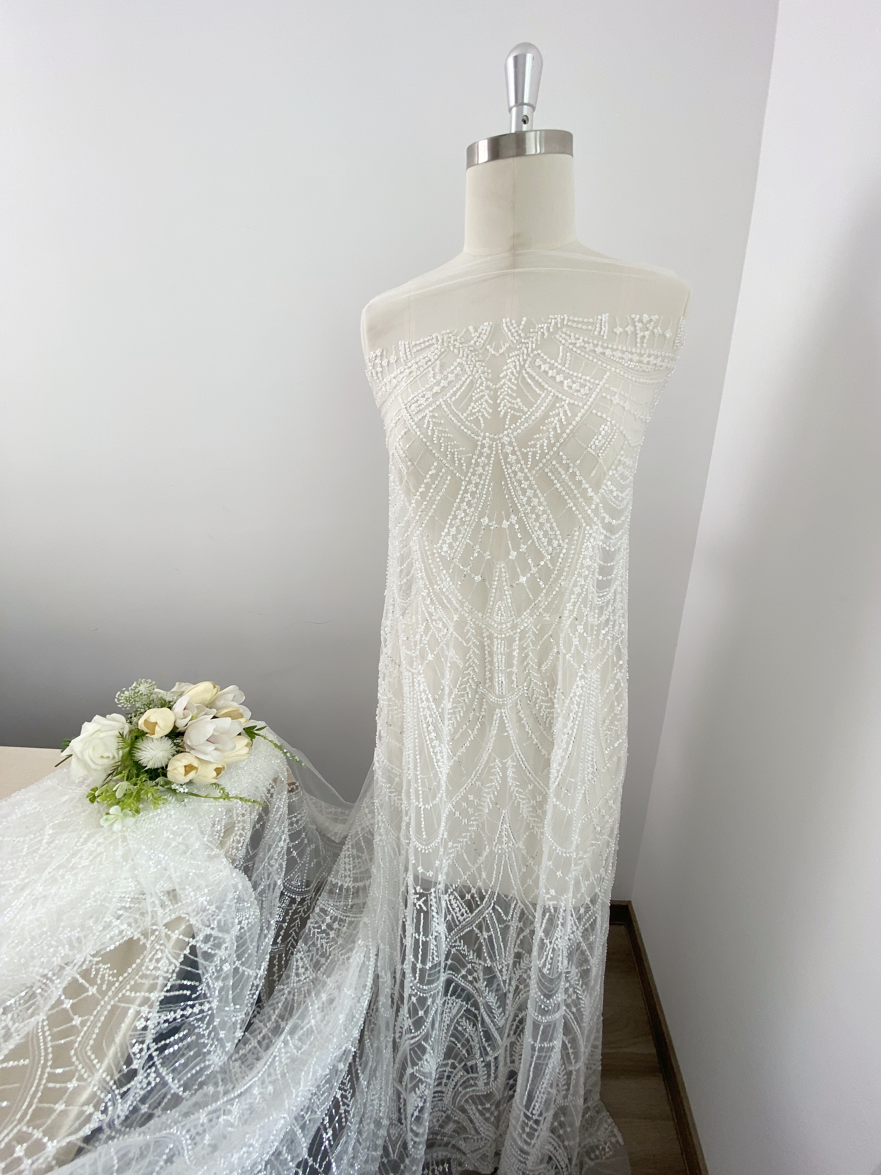 Heavy Crystal Bead Lace Fabric, 2 Styles Beads & Transparent Sequin Bead Lace, Bridal Wedding Prom Dress, Geometric Embroidery Tulle