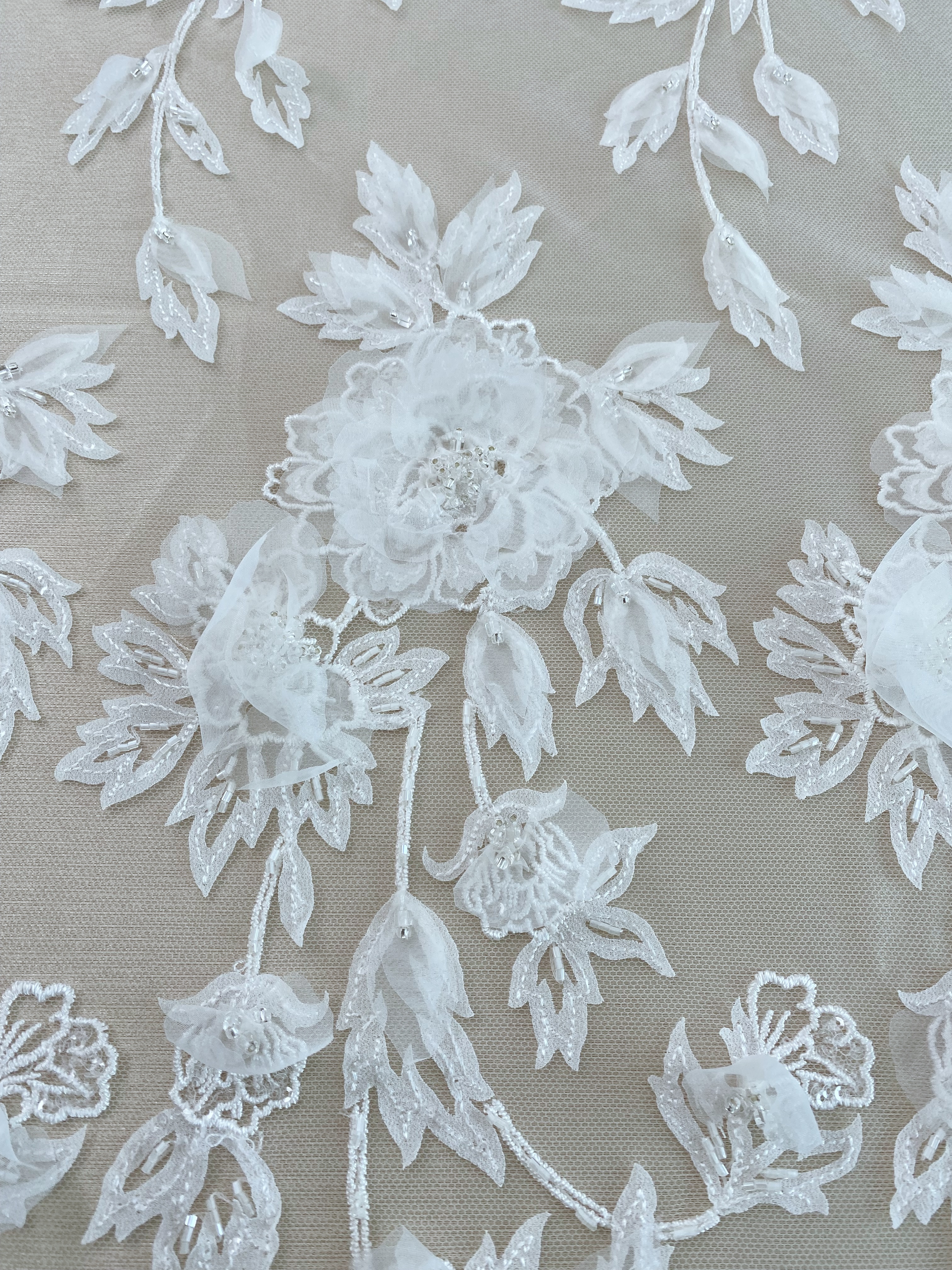 Ivory 3D Hand Beaded Bridal Lace Applique for Wedding Gown Bodice, Lace Veil, Couture Design, Floral Lace Trim, Wedding Dress Decor